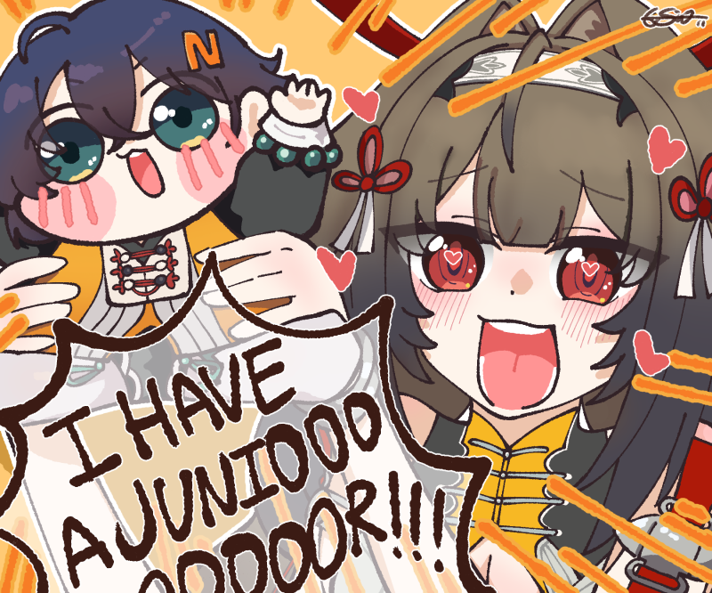 siu (esiu3891), belle (delicate sunlight) (zenless zone zero), belle (zenless zone zero), ye shunguang, zenless zone zero, commentary, commission, english commentary, pixiv commission, 2girls, accessories, arms up, bare shoulders, beads, beizi (clothing), blue hair, blush, bracelet, breasts, brown hair, center-flap bangs, chibi, china dress, chinese clothes, cleavage, clover, clover hair ornament, crossed bangs, dress, dress over shirt, emphasis lines, english text, green eyes, hair between eyes, hair intakes, hair ornament, hairband, heart, heart-shaped pupils, jewelry, letter hair ornament, long hair, looking at another, multiple girls, official alternate costume, open mouth, orange background, orange dress, red eyes, short hair, signature, silver bracelet, speech bubble, symbol-shaped pupils, upper body, white hairband