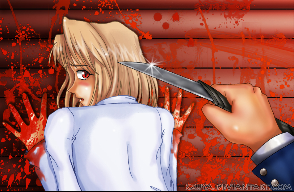 kzuya, arcueid brunestud, melty blood, tsukihime, 00s, blonde hair, blood, breath, knife, red eyes, short hair, tonho shiki