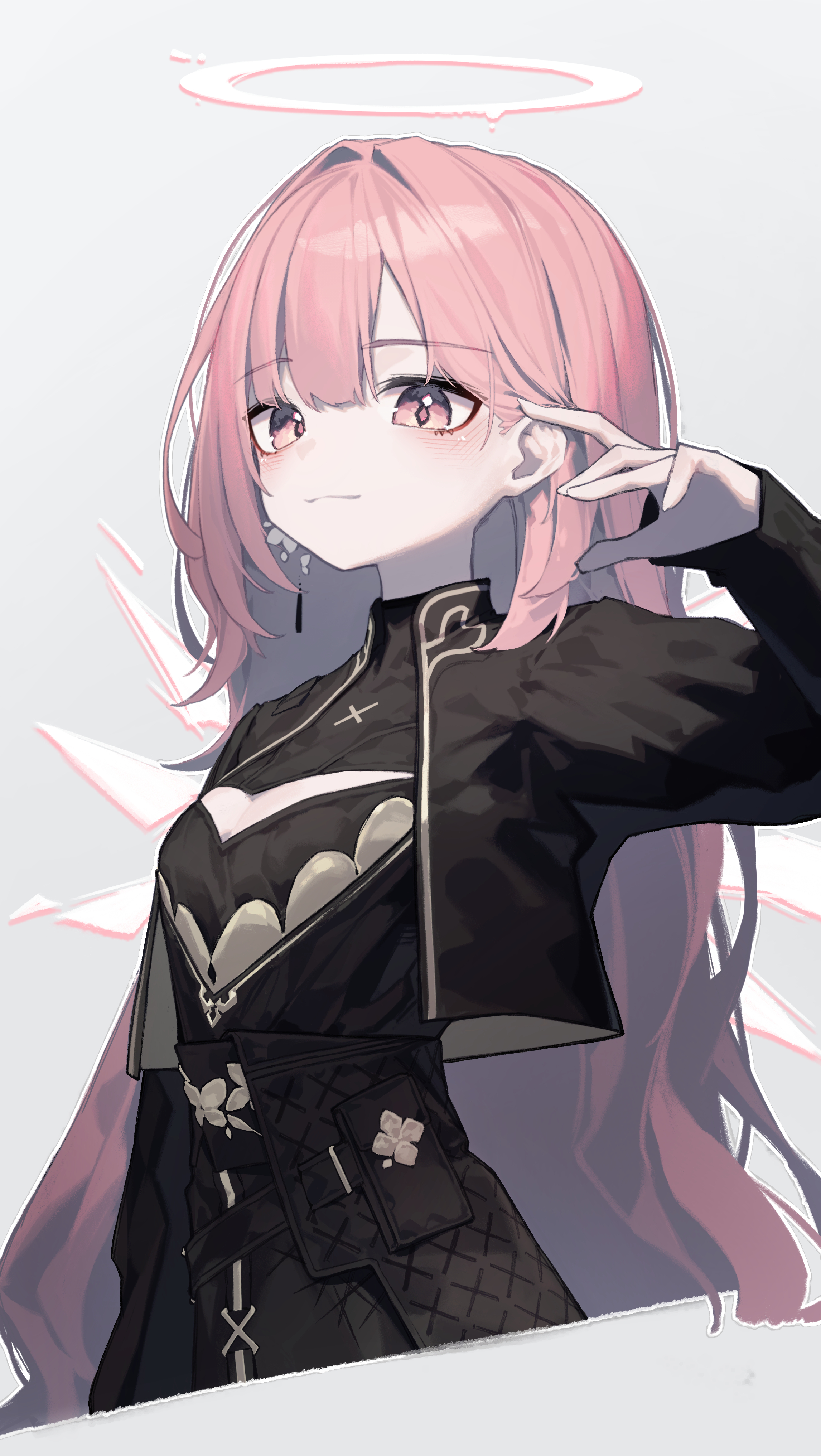 beudelb, lemuen (arknights), arknights, absurdres, commentary request, highres, 1girl, black dress, black jacket, breasts, closed mouth, detached wings, dress, earrings, energy wings, grey background, halo, hand up, jacket, jewelry, long hair, long sleeves, open clothes, open jacket, pink eyes, pink hair, simple background, small breasts, solo, traditional halo, wings