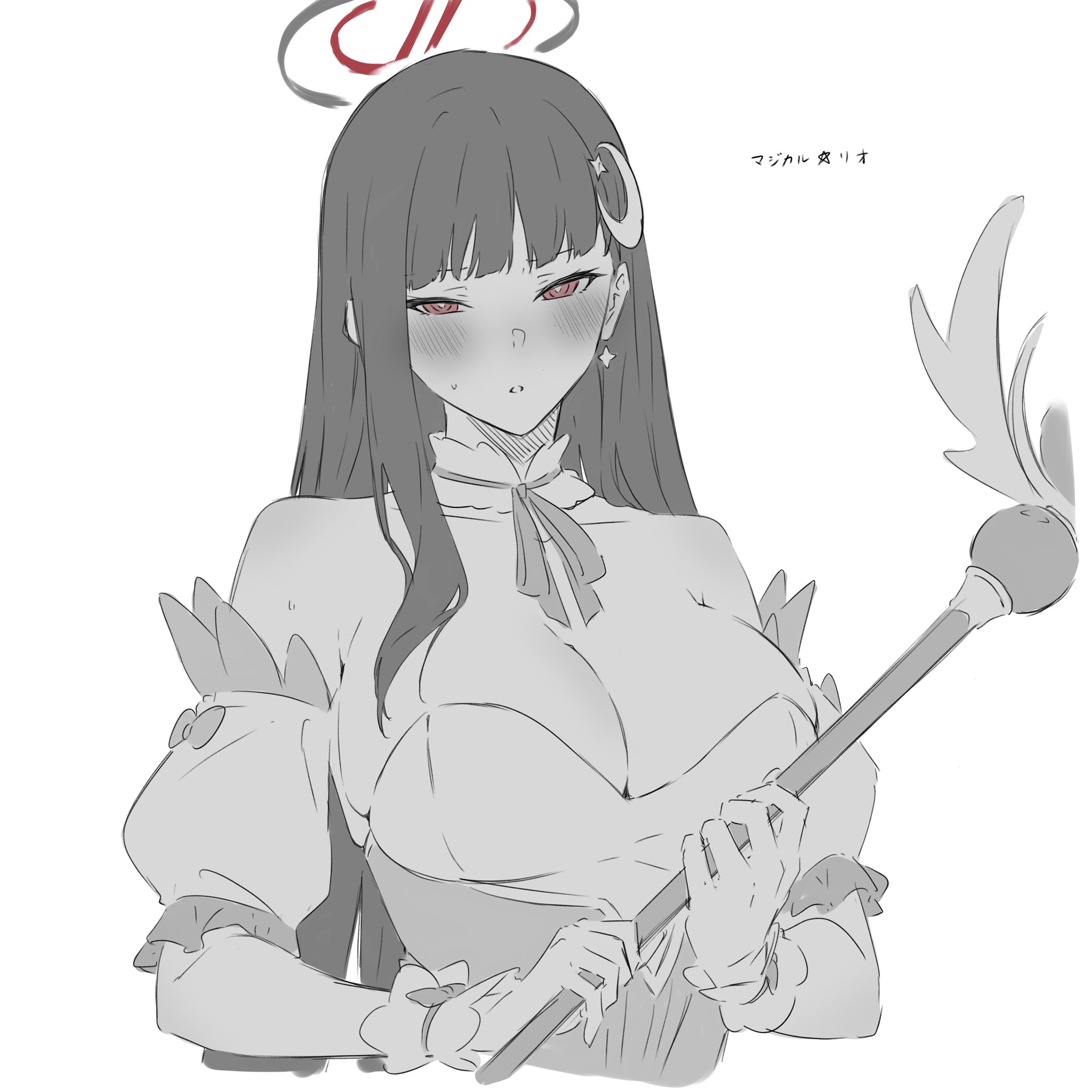 kanade (kanade 3344), rio (blue archive), blue archive, highres, translated, 1girl, blush, breasts, cleavage, crescent, crescent hair ornament, detached sleeves, hair ornament, halo, large breasts, long hair, looking at viewer, magical girl, open mouth, red eyes, simple background, single sidelock, solo, spot color, upper body, white background