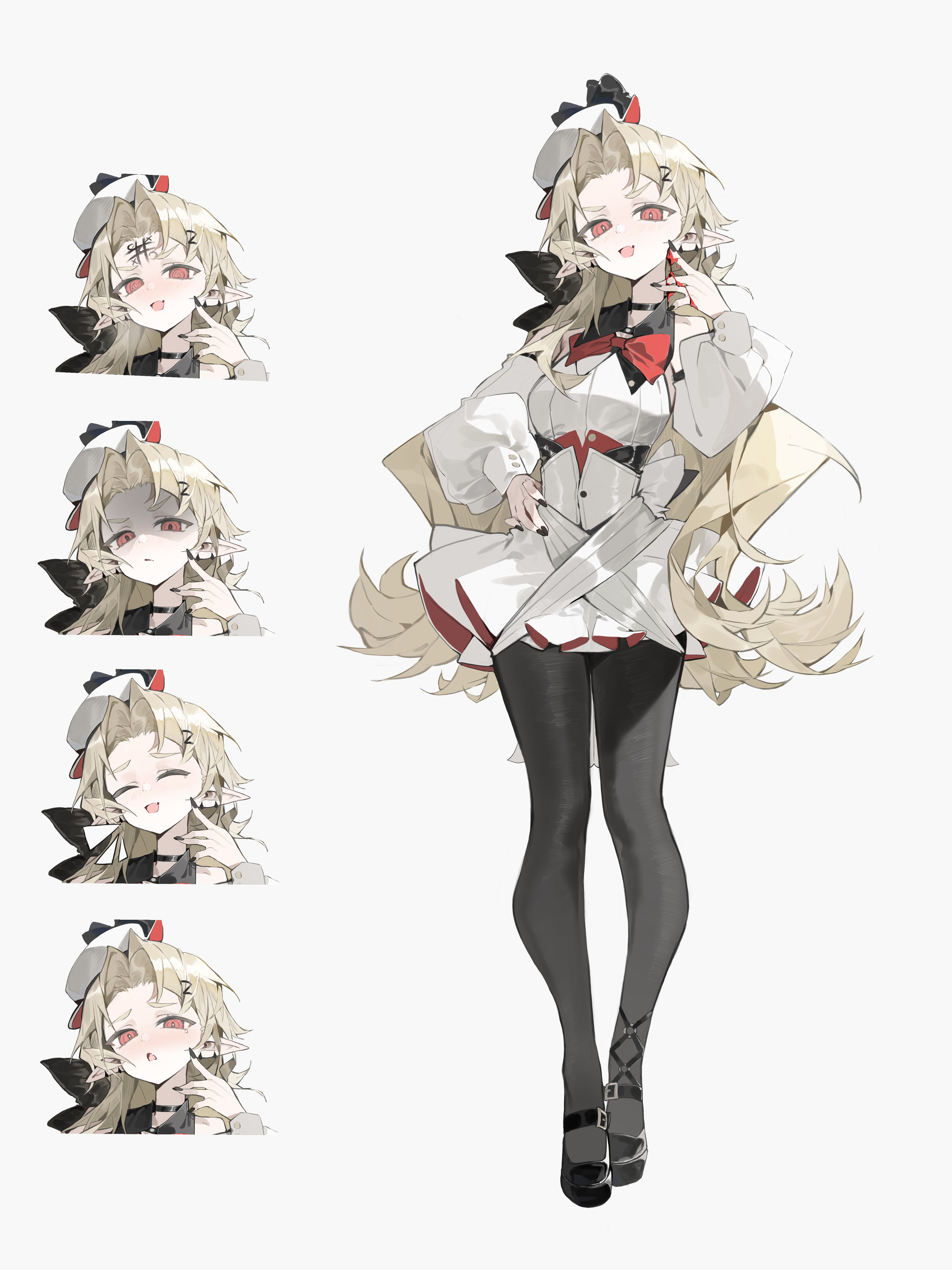 bai yao (user ygua7252), original, absurdres, chinese commentary, commentary request, highres, 1girl, :d, @ @, black choker, black collar, black nails, black pantyhose, black shoes, blonde hair, blood, blood on hands, bow, bowtie, brown eyes, choker, closed eyes, closed mouth, collar, dress, fang, frilled dress, frills, full body, hair ornament, hairclip, hat, legs, long hair, long sleeves, looking at viewer, multiple expressions, multiple views, nail polish, open mouth, pantyhose, pointy ears, puffy sleeves, red bow, red bowtie, red dress, shoes, simple background, smile, solo, standing, tachi-e, thighs, two-tone dress, vampire, white background, white dress, white hat