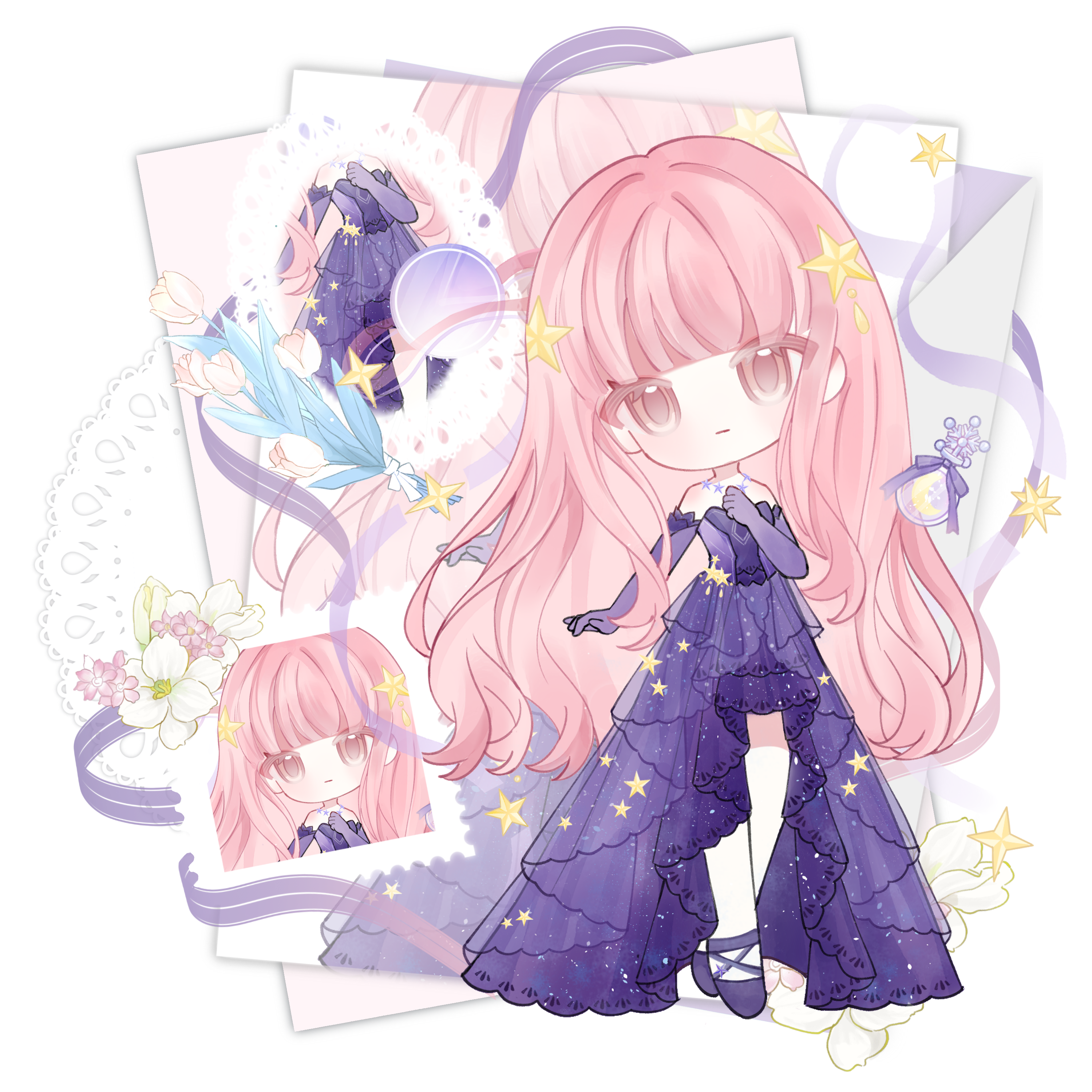nikki (nikki), star sea (nikki), nikki (series), absurdres, artist request, chinese commentary, commentary request, commission, highres, second-party source, 1girl, bare shoulders, blunt bangs, brown eyes, chibi, closed mouth, colored eyelashes, dress, elbow gloves, envelope, expressionless, flower, frilled dress, frilled gloves, frills, gloves, gown, hair ornament, hand on own chest, jewelry, light blush, long dress, long hair, long sidelocks, looking at viewer, necklace, pink hair, postage stamp, print dress, purple dress, purple gloves, sidelocks, standing, star (symbol), star hair ornament, star necklace, star print, starry sky print, strapless, strapless dress, tulip, very long hair, wavy hair, white background, white flower