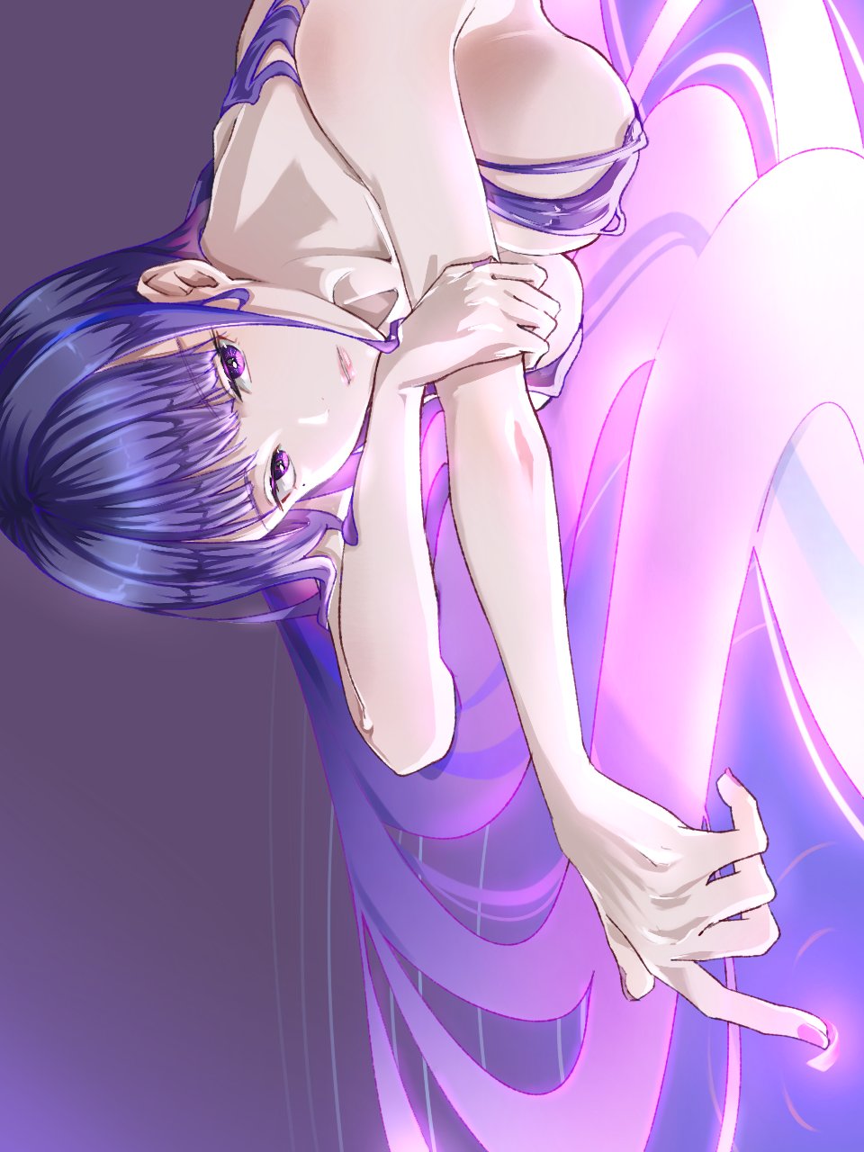omame (kana2), raiden shogun, genshin impact, commentary request, highres, unfinished, 1girl, back, bare shoulders, blunt bangs, breasts, glowing, glowing hair, gradient hair, hair down, hair over breasts, large breasts, long hair, looking at viewer, looking to the side, lying, mole, mole under eye, multicolored hair, nude, on stomach, parted lips, pink lips, purple background, purple eyes, purple hair, ripples, shade, sideboob, solo, upper body, water