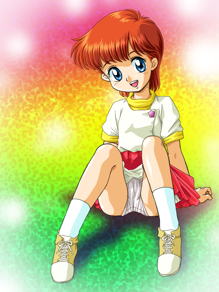 zummy, kazuki mai, mahou no star magical emi, 1980s (style), bad id, bad pixiv id, 1girl, blue eyes, cameltoe, female focus, loli, magical girl, oldschool, orange hair, panties, pantyshot, retro artstyle, shoes, short hair, sitting, smile, sneakers, socks, solo, star (symbol), underwear, very short hair, white panties, white socks
