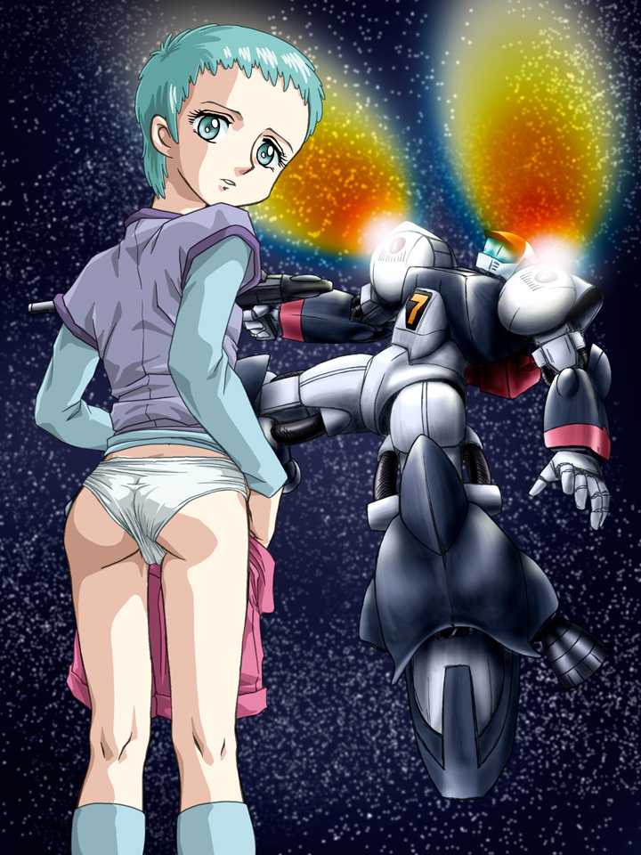 zummy, katue pearson, katue piason, vifam, ginga hyouryuu vifam, 1980s (style), bad id, bad pixiv id, 1990s (style), 1girl, aqua eyes, aqua hair, ass, blue eyes, blue hair, cameltoe, floating, gun, loli, mecha, oldschool, panties, retro artstyle, rifle, robot, science fiction, short hair, space, star (symbol), underwear, undressing, weapon, white panties