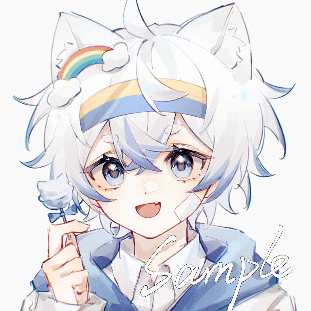 original, 1boy, ahoge, animal ear fluff, animal ears, bai li xuan, blue bow, blue eyes, blue hairband, bow, candy, cat boy, cat ears, collared shirt, double-parted bangs, fang, food, hair between eyes, hairband, holding, holding candy, holding food, holding lollipop, lollipop, long sleeves, looking at viewer, male focus, open mouth, portrait, shirt, short hair, simple background, skin fang, solo, thick eyebrows, two-tone hairband, white background, white hair, white shirt, yellow hairband
