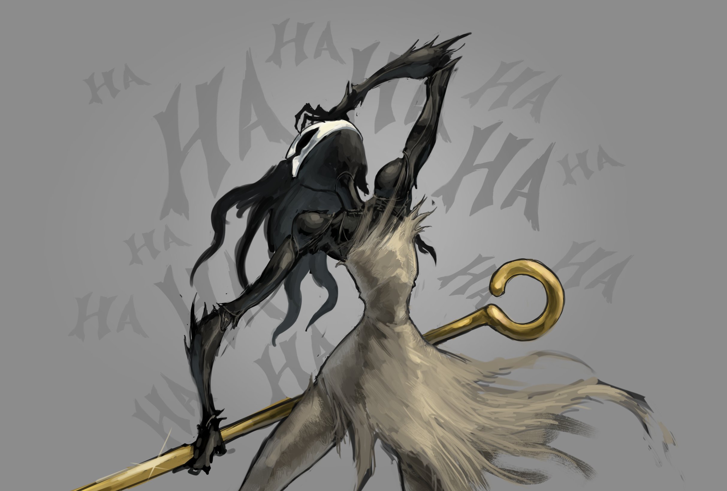 phantom (hollow knight), hollow knight, hollow knight: silksong, highres, 1other, black skin, colored skin, cropped legs, dress, english text, grey background, grey dress, hand on own face, holding, holding weapon, hollow eyes, looking up, mask, pin (hollow knight), shl shalopai, simple background, weapon, white mask
