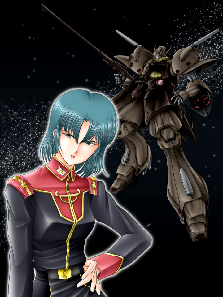 zummy, gabthley, mouar pharaoh, gundam, zeta gundam, bad id, bad pixiv id, blue eyes, blue hair, mecha, military, military uniform, robot, short hair, solo, space