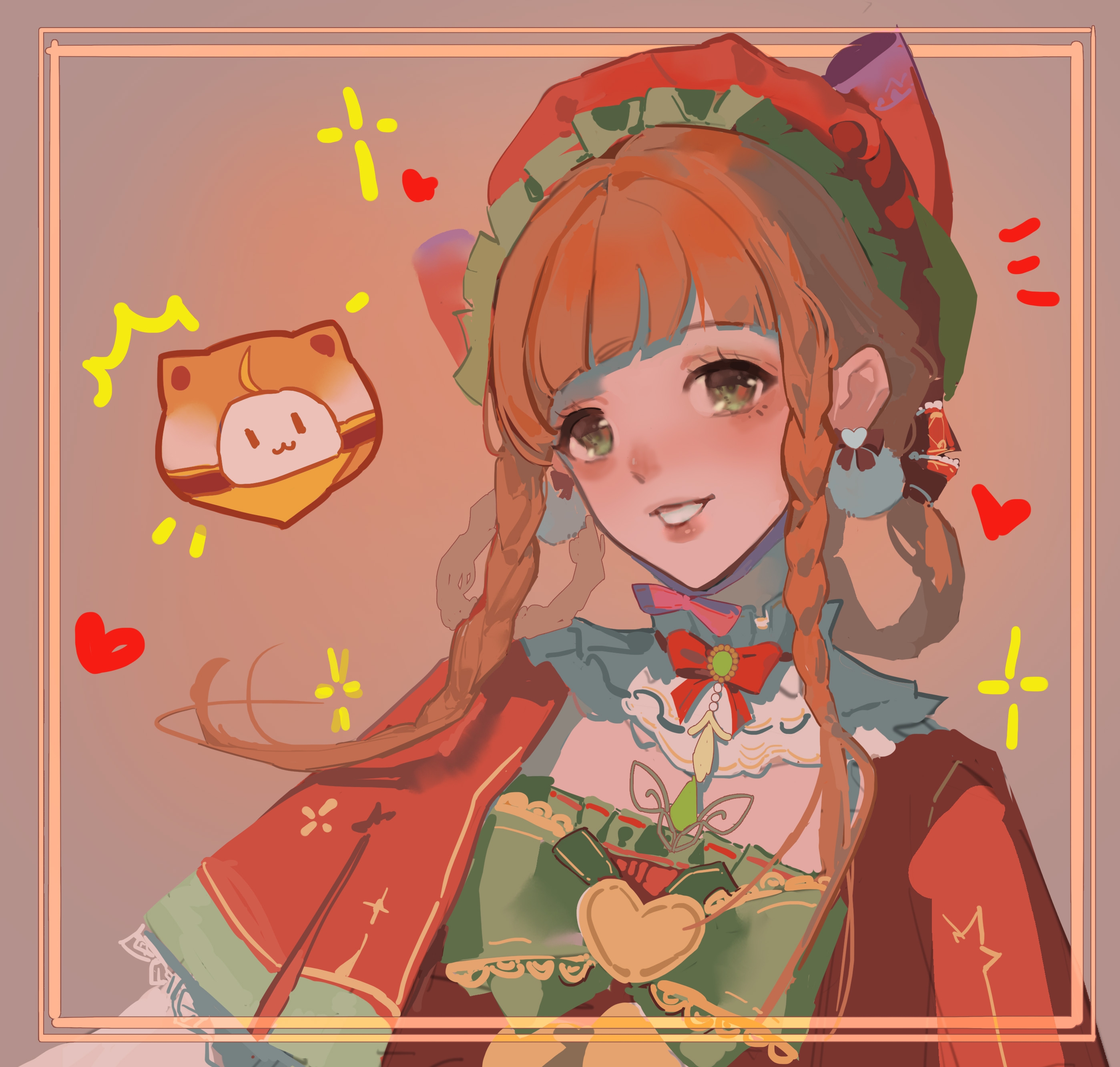 jin3352185, momo (nikki), infinity nikki, kfc, nikki (series), absurdres, chinese commentary, commentary request, highres, 1girl, ^^^, animal, blunt bangs, bow, bow earrings, bowtie, braid, braided hair rings, brooch, brown background, brown hair, burger, capelet, cat, chest jewel, clothed animal, collar, detached collar, dress, earrings, eyelashes, food, food-themed clothes, frilled bow, frilled collar, frilled dress, frilled headwear, frills, gem, green bow, green bowtie, green eyes, green gemstone, grin, hair bow, hair rings, happy, hat, hat bow, head only, heart, heart brooch, heart earrings, jewelry, lace-trimmed bowtie, lace-trimmed capelet, lace trim, large bow, light blush, lipstick, makeup, mob cap, notice lines, official alternate costume, outside border, picture frame, pom pom (clothes), pom pom earrings, red bow, red capelet, red dress, red hat, red lips, short hair with long locks, side braids, simple background, smile, solo, sparkle, square neckline, stylist (nikki), twin braids, upper body, white cat, white collar