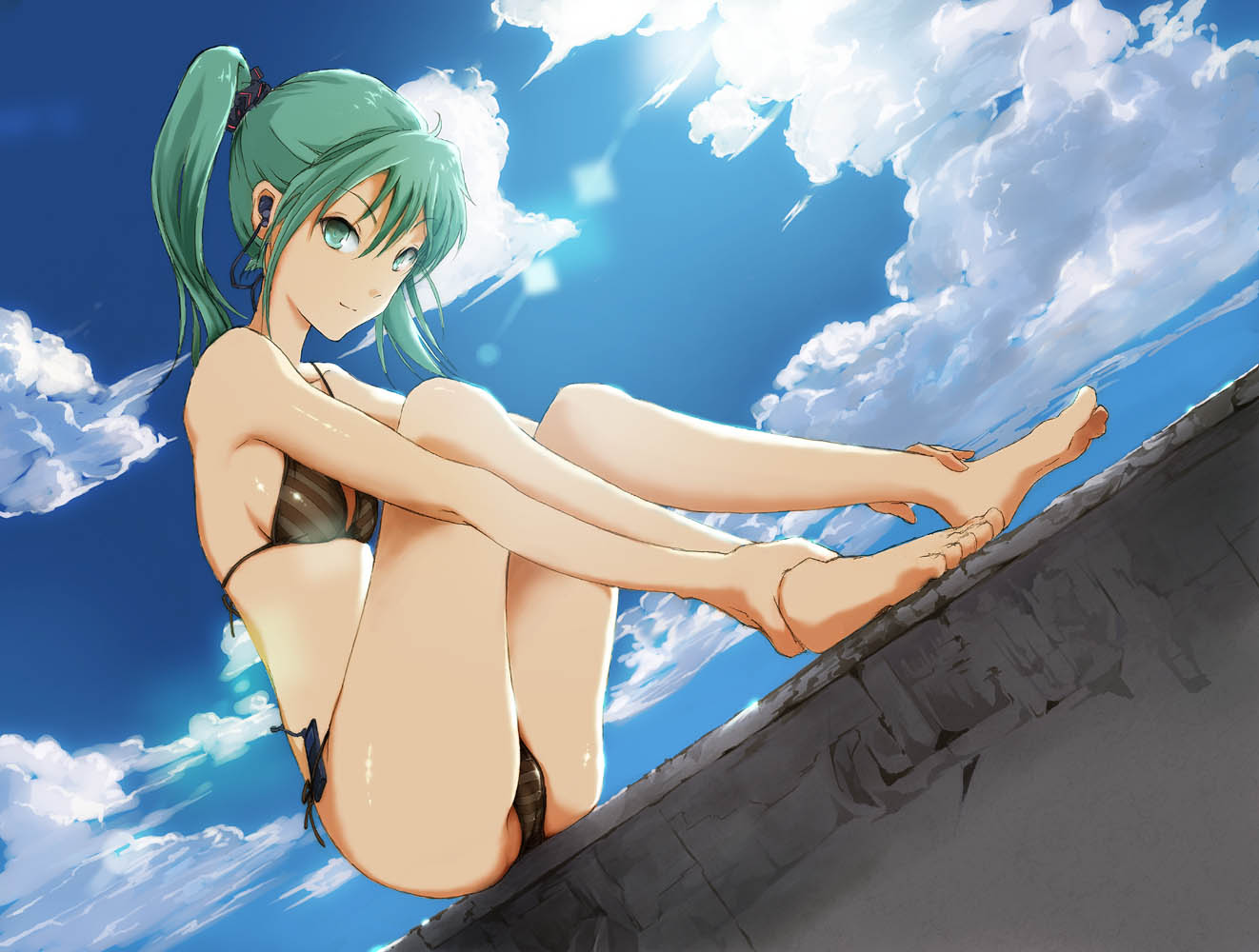 shiika sadamasa, hatsune miku, vocaloid, bad id, bad pixiv id, jpeg artifacts, 1girl, barefoot, bikini, black bikini, cloud, day, dutch angle, earphones, feet, female focus, hands on feet, short twintails, sitting, sky, solo, swimsuit, twintails