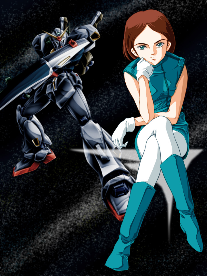 zummy, emma sheen, gundam mk ii, gundam, zeta gundam, bad id, bad pixiv id, blue eyes, bob cut, brown hair, crossed legs, gloves, leggings, mecha, pantyhose, robot, short hair, sitting, solo, space, white gloves, white pantyhose