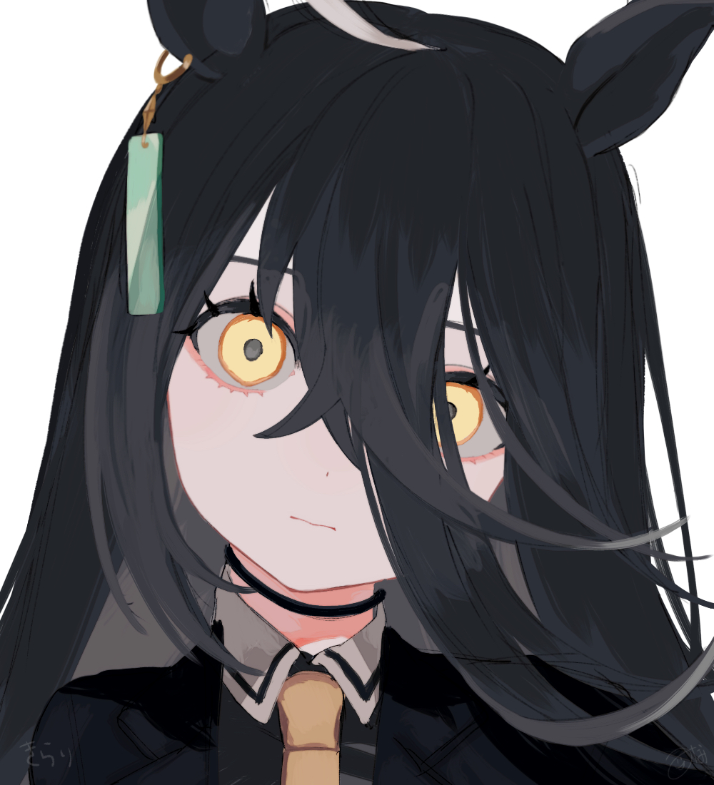 manhattan cafe (creeping black) (umamusume), manhattan cafe (umamusume), umamusume, 1girl, ahoge, animal ears, black choker, black hair, black shirt, black suit, chazuke, choker, closed mouth, coat, collared shirt, ear tag, earrings, formal clothes, hair between eyes, head tilt, horse ears, horse girl, jacket, jewelry, long bangs, long hair, long hair between eyes, looking at viewer, multicolored hair, necktie, portrait, shirt, simple background, single earring, solo, suit, white background, white hair, yellow eyes, yellow necktie