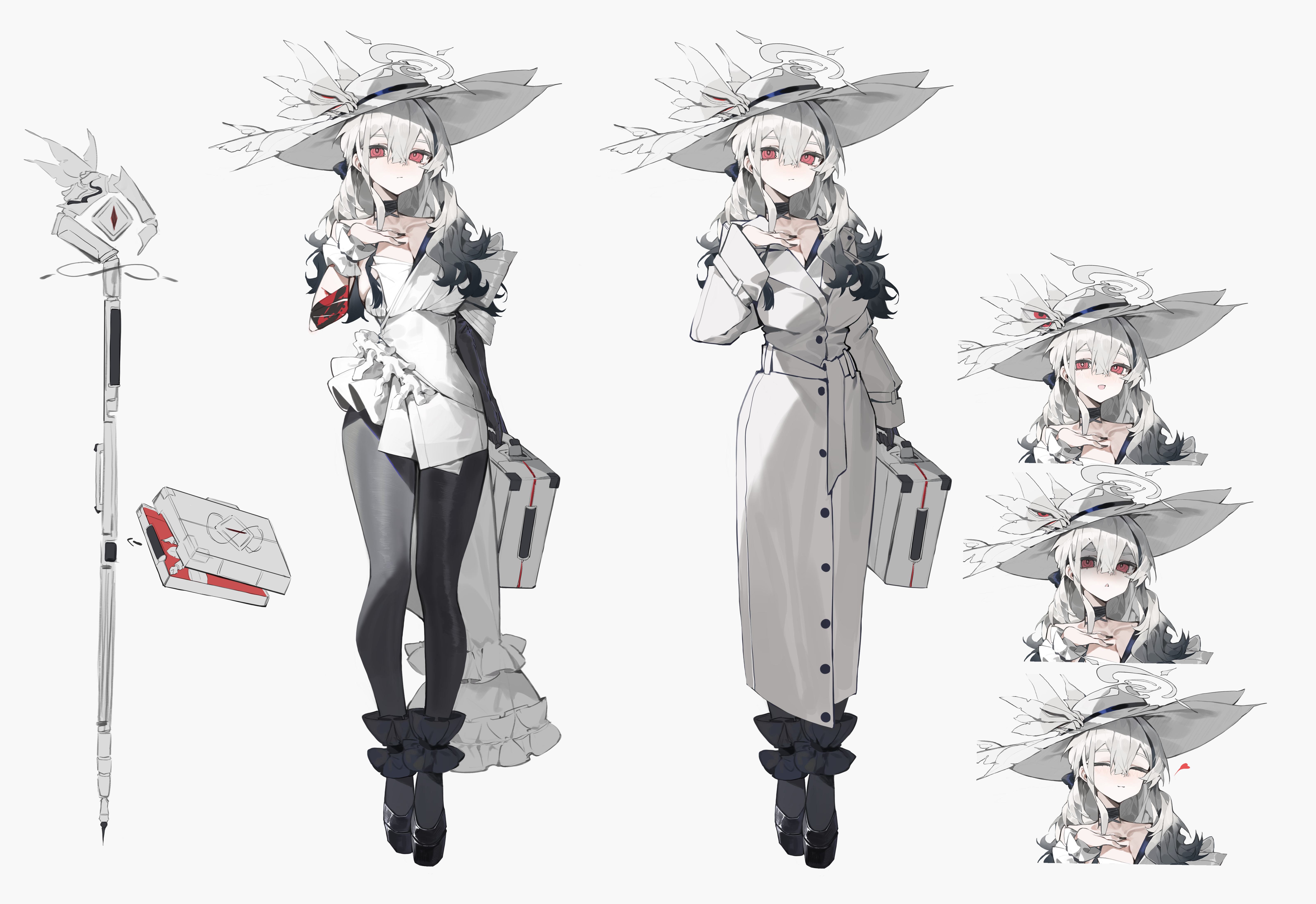 bai yao (user ygua7252), original, absurdres, chinese commentary, commentary request, highres, 1girl, arm up, black gloves, black hair, black nails, black pantyhose, black shoes, breasts, cleavage, closed mouth, coat, collarbone, dress, elbow gloves, frilled wristband, full body, gloves, gradient hair, hair between eyes, hair over shoulder, halo, hat, holding, holding suitcase, large breasts, long hair, long sidelocks, looking at viewer, multicolored hair, multiple expressions, multiple views, open mouth, pantyhose, red eyes, reference sheet, shoes, sidelocks, single elbow glove, solo, suitcase, two-tone hair, white coat, white dress, white hair, white halo, white hat