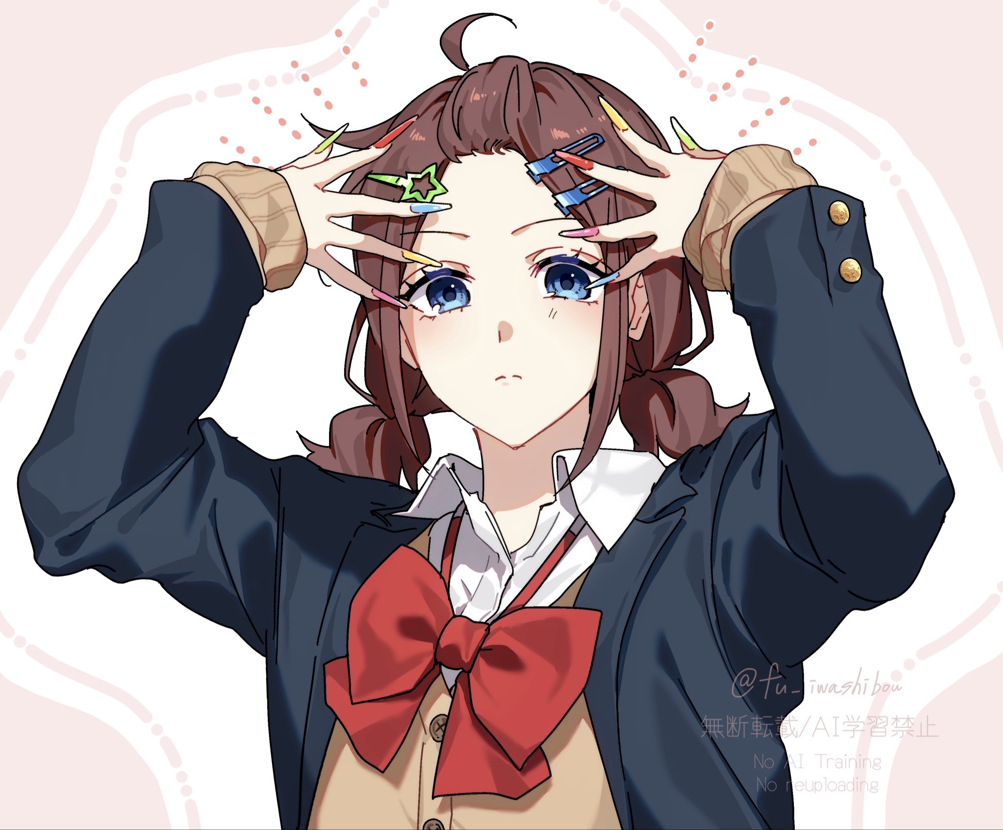 fu iwashibou, iseri nina, girls band cry, commentary, highres, 1girl, ahoge, bangs pinned back, blue eyes, blue jacket, bow, bowtie, brown cardigan, brown hair, cardigan, closed mouth, collared shirt, decora, dress shirt, fingernails, green nails, gyaru, jacket, long fingernails, low twintails, medium hair, multicolored nails, nail polish, open clothes, open jacket, pink nails, red bow, red bowtie, red nails, shirt, short twintails, solo, twintails, upper body, white shirt, yellow nails