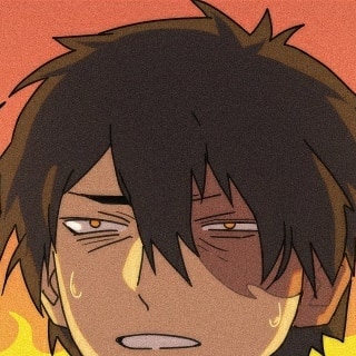 pontyk blya, zuko, avatar: the last airbender, avatar legends, lowres, non-web source, 1boy, bags under eyes, black hair, burn scar, close-up, fire, male focus, sanpaku, scar, solo, sweat, sweatdrop, yellow eyes