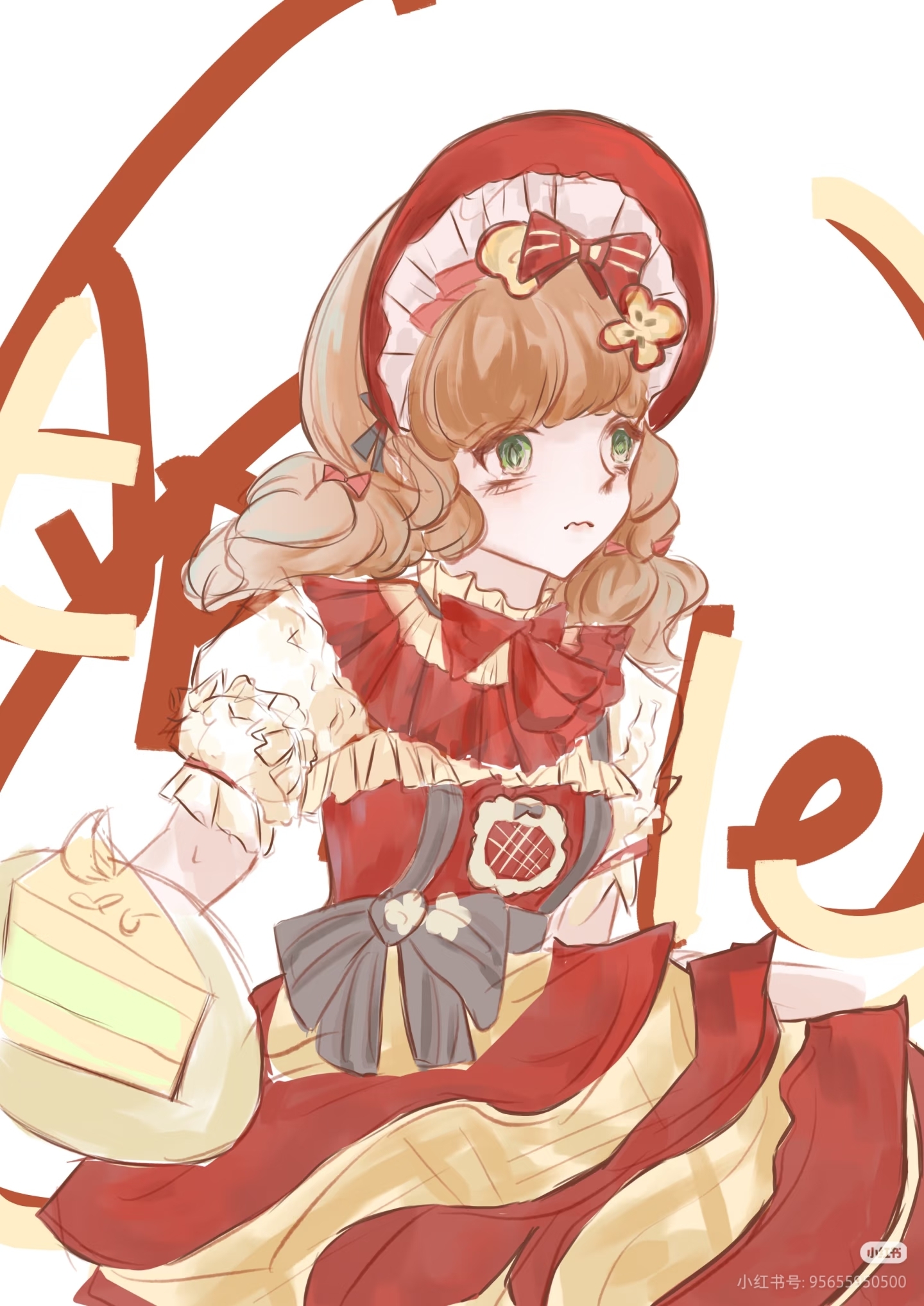 infinity nikki, nikki (series), highres, 1girl, aegyo sal, apple hair ornament, balababula, black bow, blouse, blunt bangs, bonnet, bow, bowtie, brown hair, cake, cake slice, closed mouth, collar, cowboy shot, detached collar, dress, english text, expressionless, eyelashes, food, food-themed clothes, food-themed hair ornament, frilled collar, frilled dress, frilled sleeves, frills, green eyes, hair bow, hair ornament, hair through headwear, hat, hat bow, holding, holding plate, lips, long hair, looking ahead, pinafore dress, pink lips, plate, puffy short sleeves, puffy sleeves, red bonnet, red bow, red bowtie, red collar, red dress, shirt, short sleeves, sitting, sleeveless, sleeveless dress, solo, striped bow, sweet memories (infinity nikki), two-tone collar, waist bow, watermark, wavy hair, wavy mouth, white background, white collar, white shirt, xiaohongshu watermark