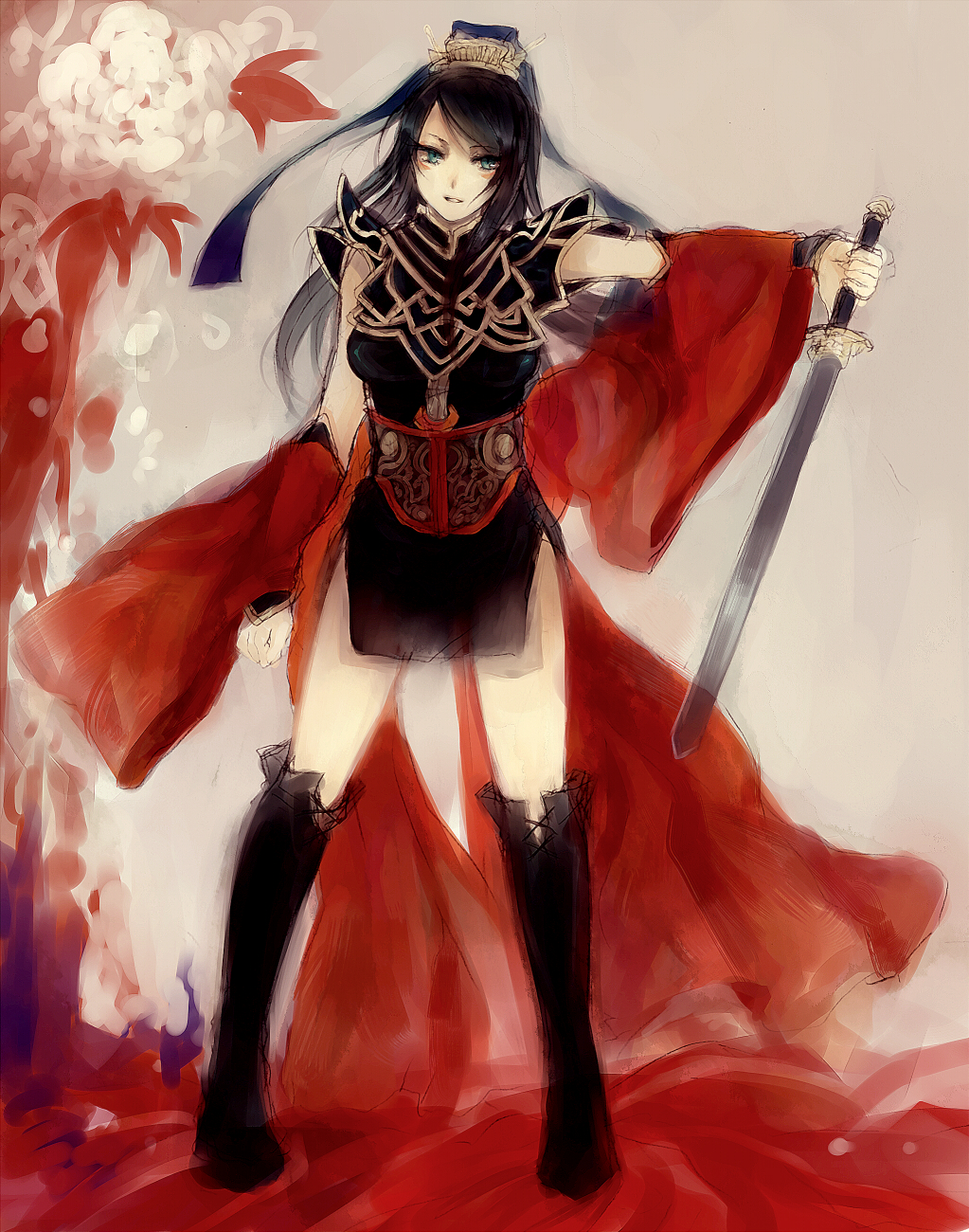 minase (mmakina), oui, oui (character), sangokushi taisen, bad id, bad pixiv id, highres, 1girl, belt, black hair, blue eyes, blush, boots, chinese clothes, detached sleeves, dress, female focus, hair ornament, jian (weapon), knee boots, kneehighs, long hair, long sleeves, short dress, smile, socks, solo, standing, sword, thighhighs, weapon, zettai ryouiki