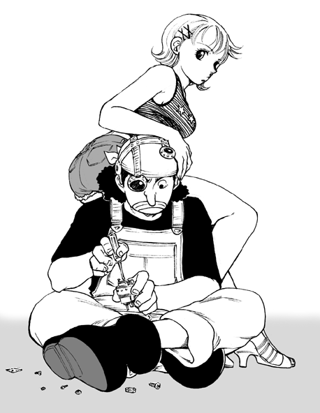 chabudai (chabu), nami (one piece), usopp, one piece, 1boy, 1girl, denim, denim shorts, greyscale, head on ass, high heels, jaya, looking at viewer, looking back, monochrome, overalls, screwdriver, shoes, short hair, shorts, sitting, sitting on person, tank top