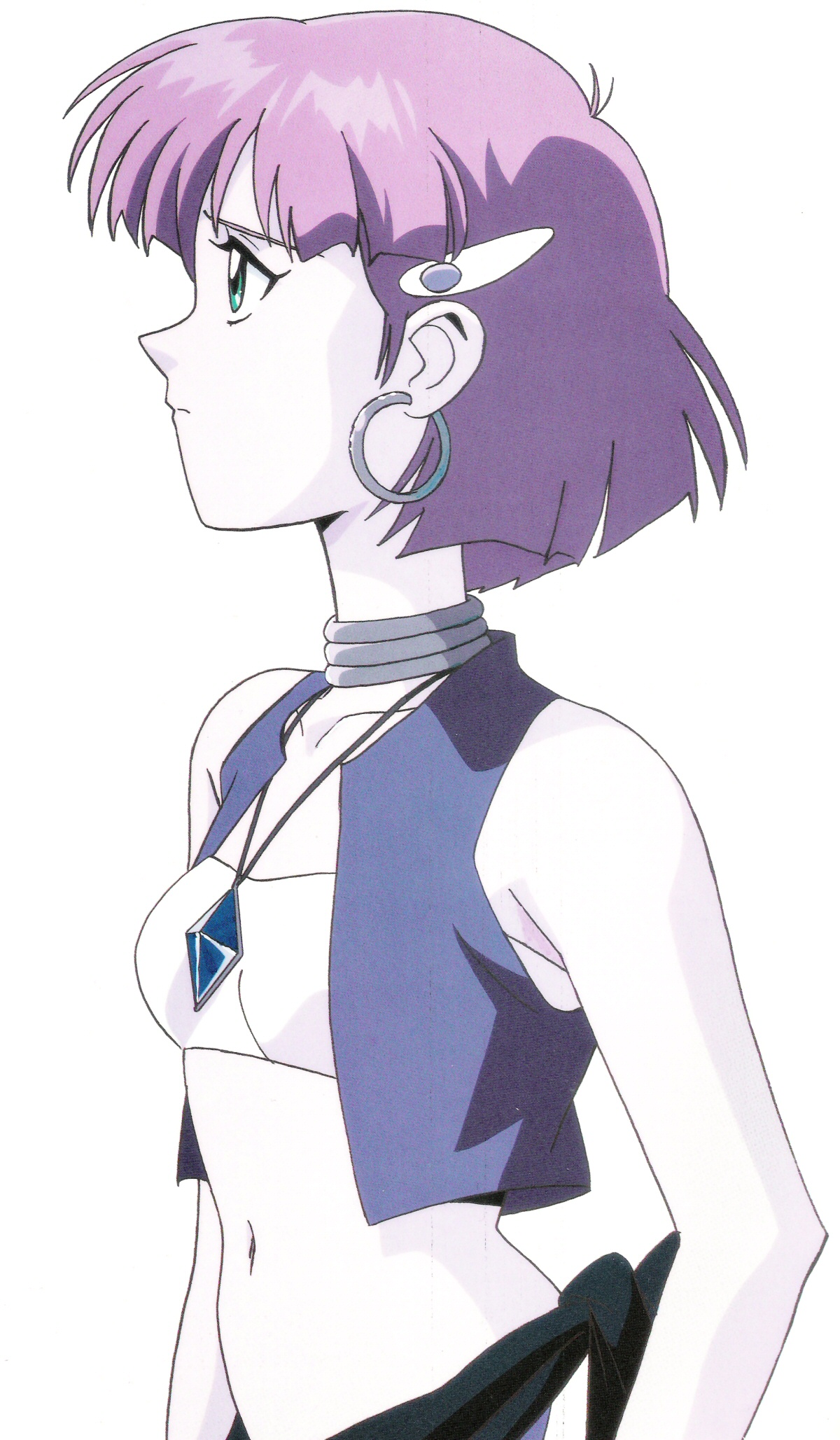 nadia la arwall, fushigi no umi no nadia, highres, scan, 1990s (style), 1girl, bandeau, bare shoulders, blue eyes, blue theme, earrings, female focus, green eyes, hair ornament, hairclip, jewelry, midriff, monochrome, neck ring, necklace, purple hair, retro artstyle, short hair, solo, strapless, tube top, vest