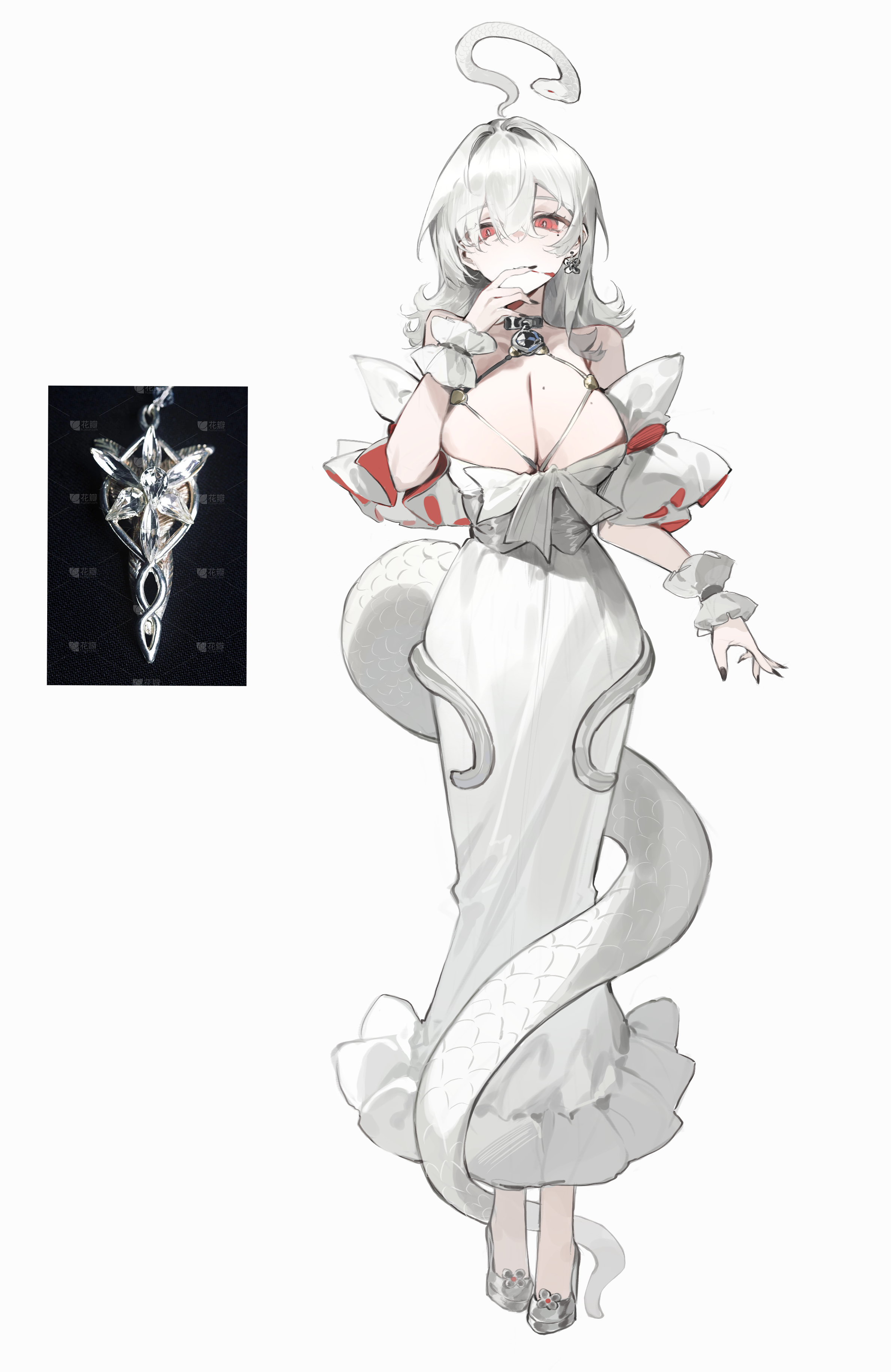 bai yao (user ygua7252), original, absurdres, chinese commentary, commentary request, highres, photo-referenced, 1girl, arm up, bare shoulders, black nails, blood, blood on face, breasts, cleavage, dress, earrings, fingernails, frilled wristband, full body, hair between eyes, huge breasts, jewelry, long dress, long fingernails, long hair, looking at viewer, mole, mole on breast, nail polish, red eyes, shoes, simple background, sleeveless, sleeveless dress, snake, snake girl, snake tail, solo, standing, tail, white background, white dress, white hair, white shoes