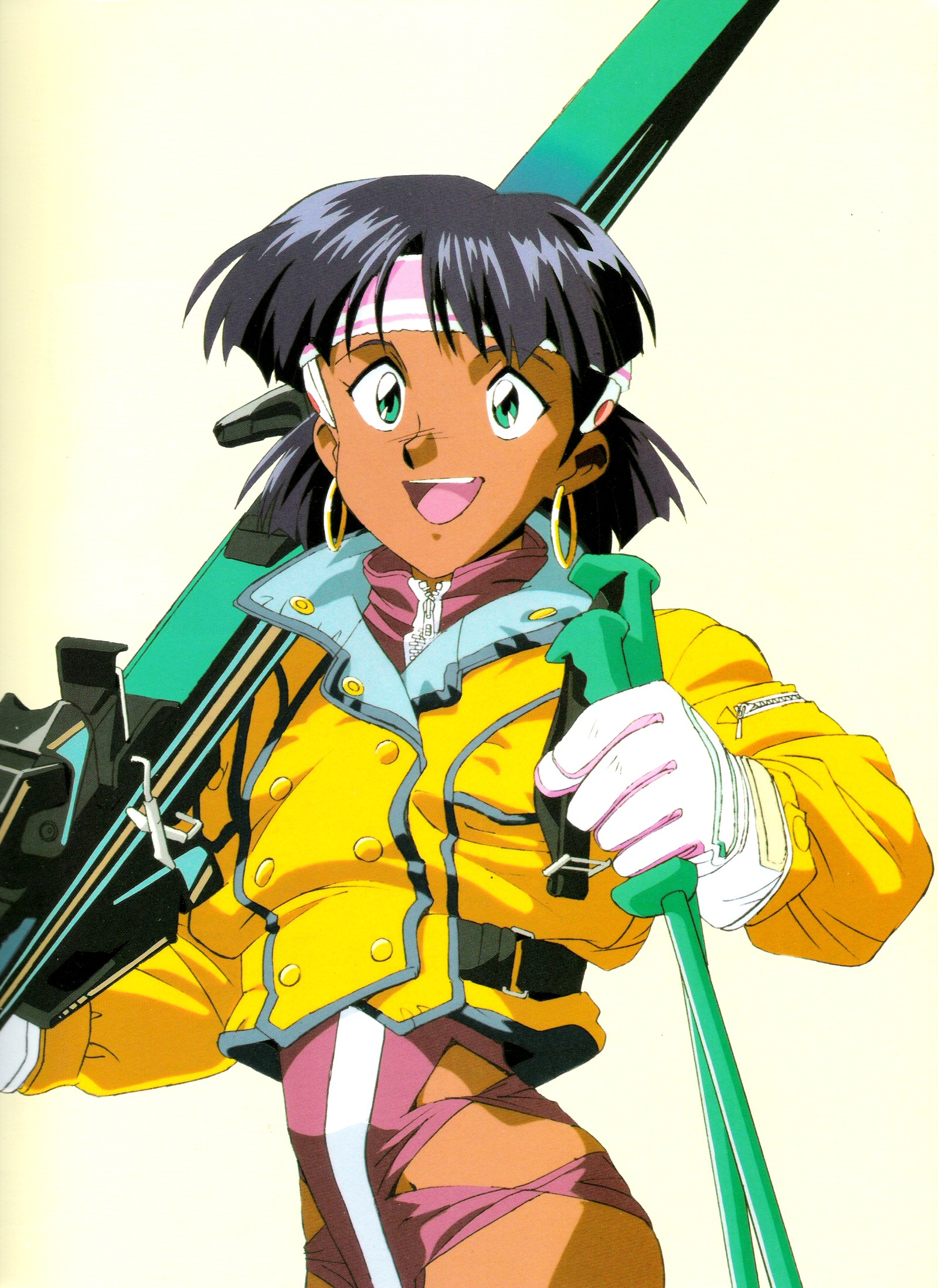 nadia la arwall, fushigi no umi no nadia, gainax, top wo nerae!, top wo nerae! (series), highres, scan, 1girl, black hair, coat, company connection, dark-skinned female, dark skin, earrings, female focus, green eyes, hair ornament, hairclip, headband, jacket, jewelry, leotard, parody, short hair, skis, smile, solo