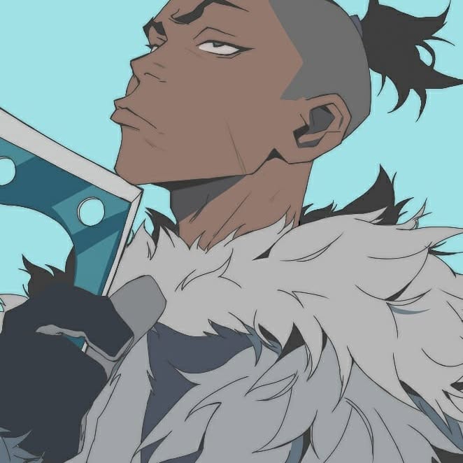 pontyk blya, sokka, avatar: the last airbender, avatar legends, non-web source, 1boy, aqua background, black eyes, black gloves, black hair, blue background, closed mouth, dark-skinned male, dark skin, fur trim, gloves, holding, holding mask, holding weapon, looking up, male focus, mask, solo, undercut, unworn mask, upper body, weapon