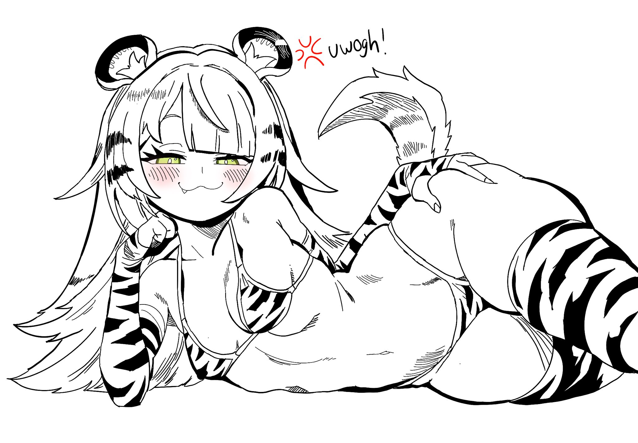 ju fufu, zenless zone zero, highres, 1girl, :3, anger vein, animal ears, blush, detached sleeves, fang, fingerless gloves, gloves, green eyes, hand on own ass, kunitoro (artist), looking at viewer, lying, meme, on side, smile, smug, solo, tail, thick thighs, thighhighs, thighs, uohhhhhhhhh! (meme), wide hips