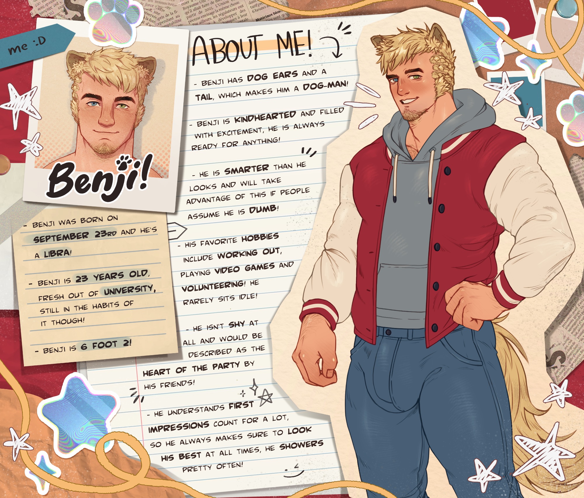 blubullaye, warrior of light (ff14), final fantasy, final fantasy xiv, highres, 1boy, animal ears, bara, blonde hair, blue eyes, blush, borrowed character, braid, bulge, character name, character profile, chest hair peek, cowboy shot, denim, dog boy, dog ears, dog tail, drawstring, english text, facial hair, goatee, green eyes, grey hoodie, hand on own hip, heterochromia, hood, hoodie, jacket, jeans, large bulge, letterman jacket, male focus, miqo'te, muscular, muscular male, pants, photo (object), raised eyebrow, smile, tail, thick eyebrows, thick thighs, thighs