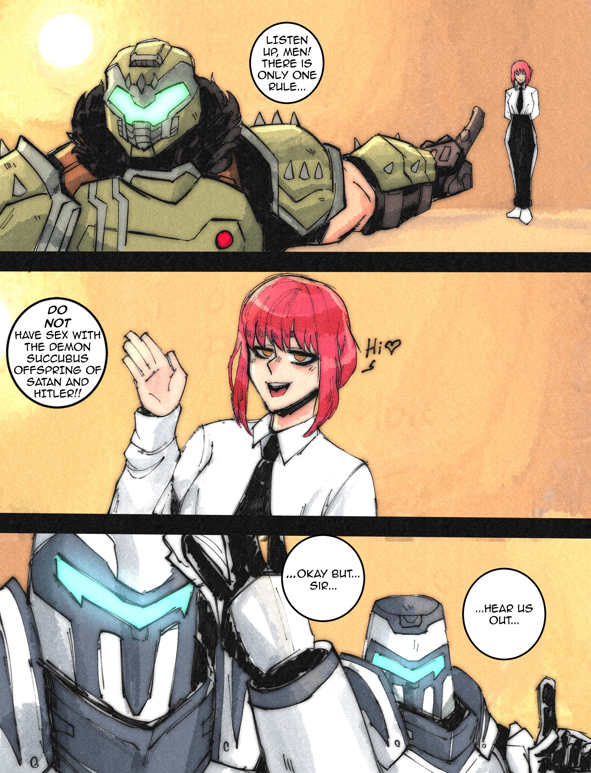 lordkillerghost, doomguy, makima (chainsaw man), chainsaw man, doom: the dark ages, doom (series), doom eternal, absurdres, highres, 1girl, 3boys, armor, assault visor, black necktie, black pants, blouse, blue visor, collared shirt, elite guard (doom), formal clothes, green armor, high-waist pants, long sleeves, multiple boys, necktie, office lady, pants, praetor suit, red hair, ringed eyes, shirt, shirt tucked in, short hair, smile, space marine, white shirt, yellow eyes