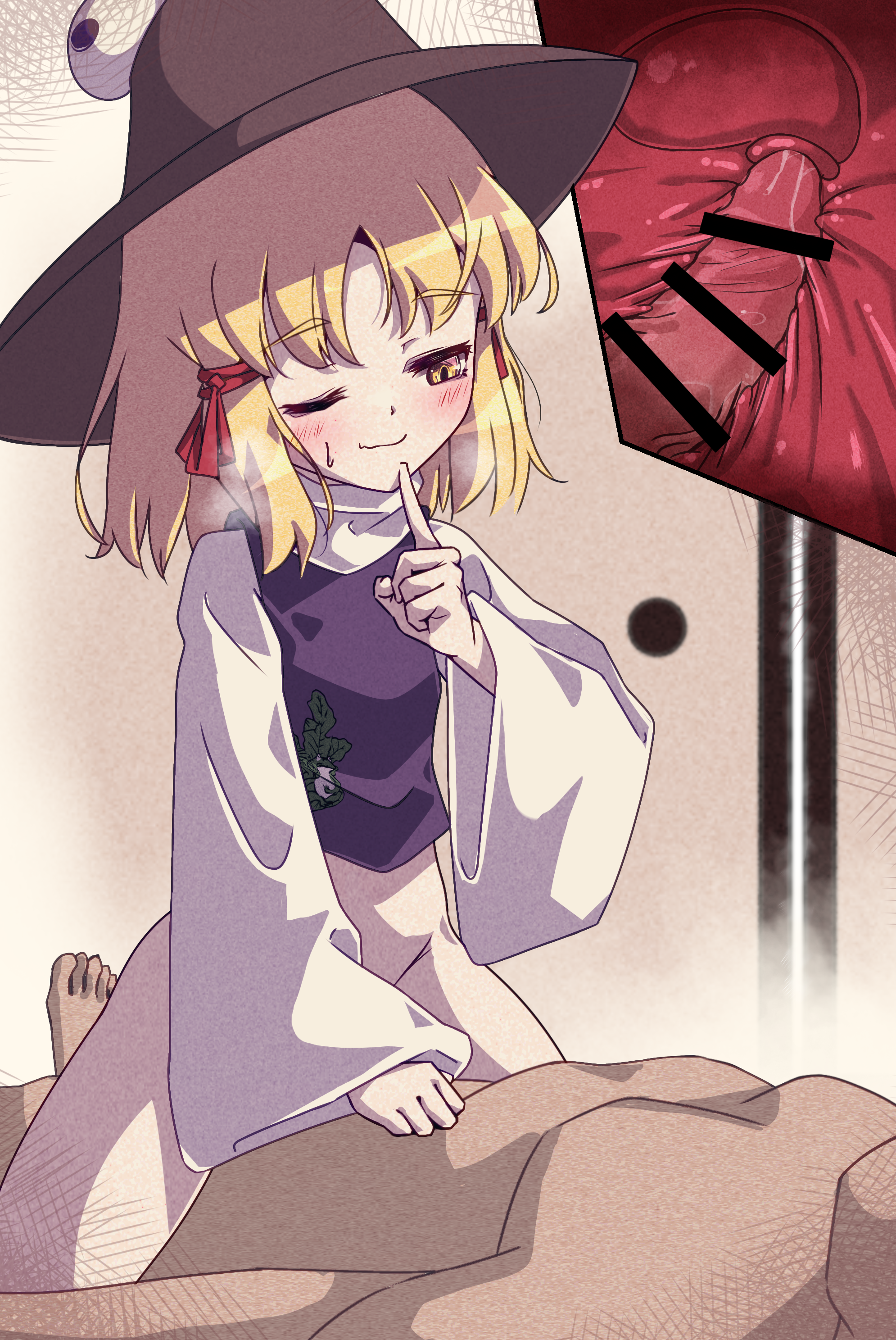 esujii (sg gush wak), moriya suwako, touhou, absurdres, highres, 1boy, 1girl, bar censor, blonde hair, brown hat, censored, clothed female nude male, cowgirl position, cross-section, hat, hetero, medium hair, nude, penis, petite, purple vest, sex, shirt, smile, straddling, turtleneck, turtleneck shirt, vaginal, vest, white shirt, wide sleeves