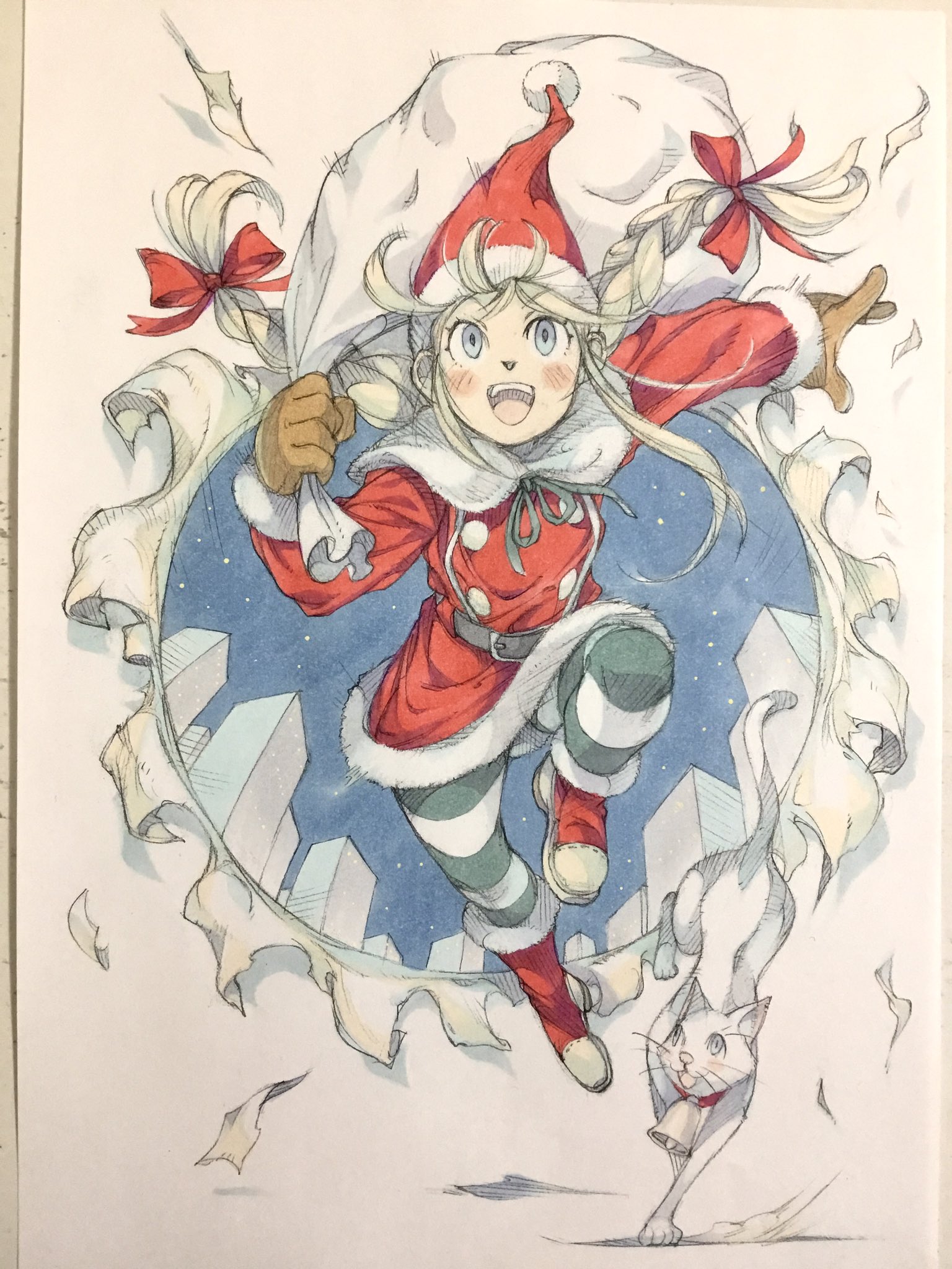 peter salt, original, commentary request, highres, traditional media, 1girl, animal, bell, belt, belt buckle, black belt, black ribbon, blonde hair, blue eyes, boots, bow, braid, brown gloves, buckle, building, cat, christmas, dress, full body, fur-trimmed boots, fur-trimmed dress, fur trim, gloves, hair bow, hand up, hat, holding, holding sack, jumping, long hair, looking at viewer, neck bell, open mouth, pantyhose, red boots, red bow, red hat, ribbon, sack, santa costume, santa hat, sky, smile, solo, star (sky), starry sky, striped clothes, striped pantyhose, teeth, through medium, twin braids, twintails, upper teeth only, white cat