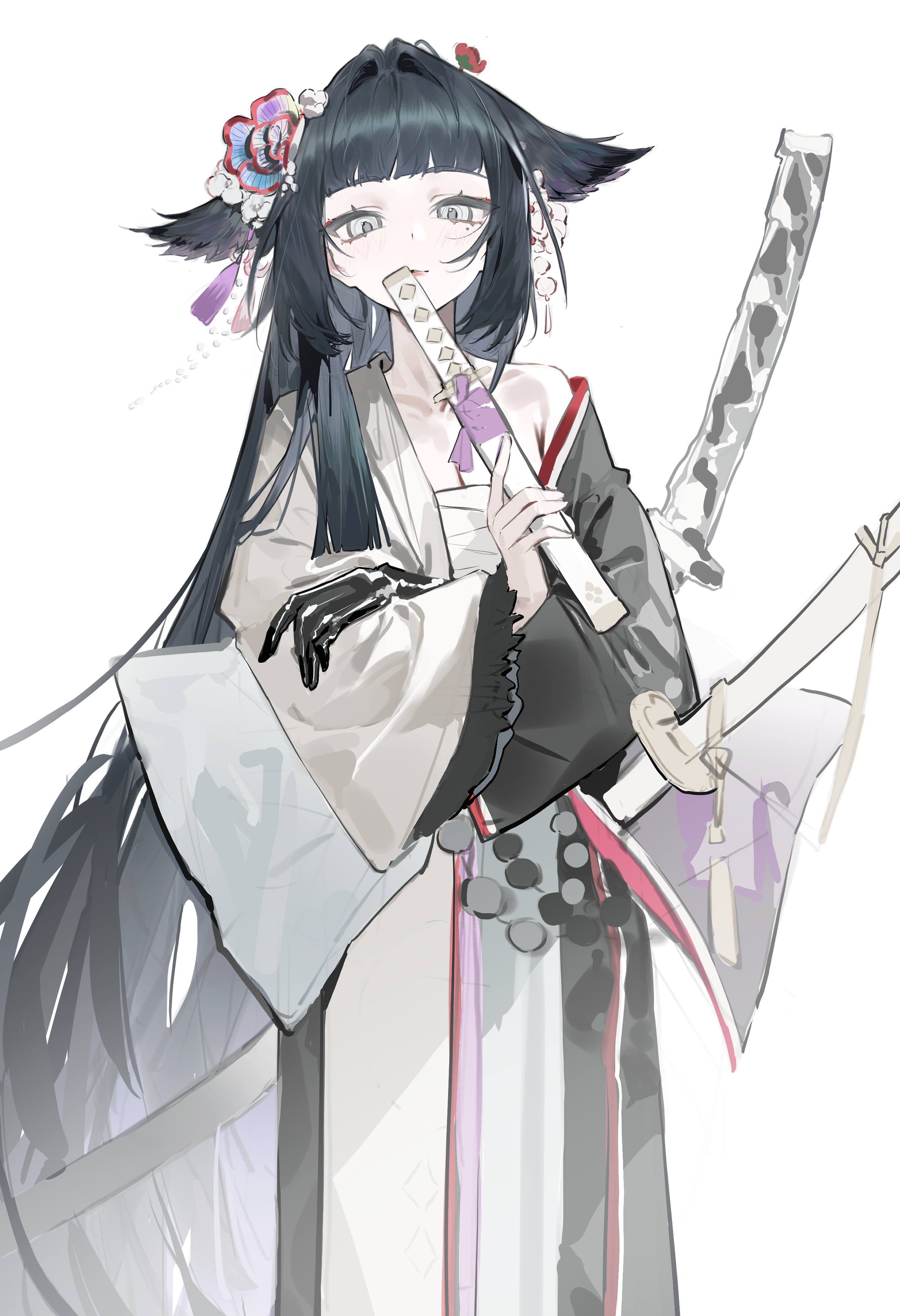 bai yao (user ygua7252), mio (arknights), arknights, absurdres, highres, 1girl, bandages, black hair, black kimono, chest sarashi, feet out of frame, flower, grey eyes, hair flaps, hair flower, hair intakes, hair ornament, holding, holding sword, holding weapon, japanese clothes, kimono, light blush, long hair, long sleeves, looking at viewer, red flower, sarashi, scabbard, sheath, sheathed, sidelocks, single bare shoulder, solo, standing, sword, two-tone kimono, weapon, white background, white kimono