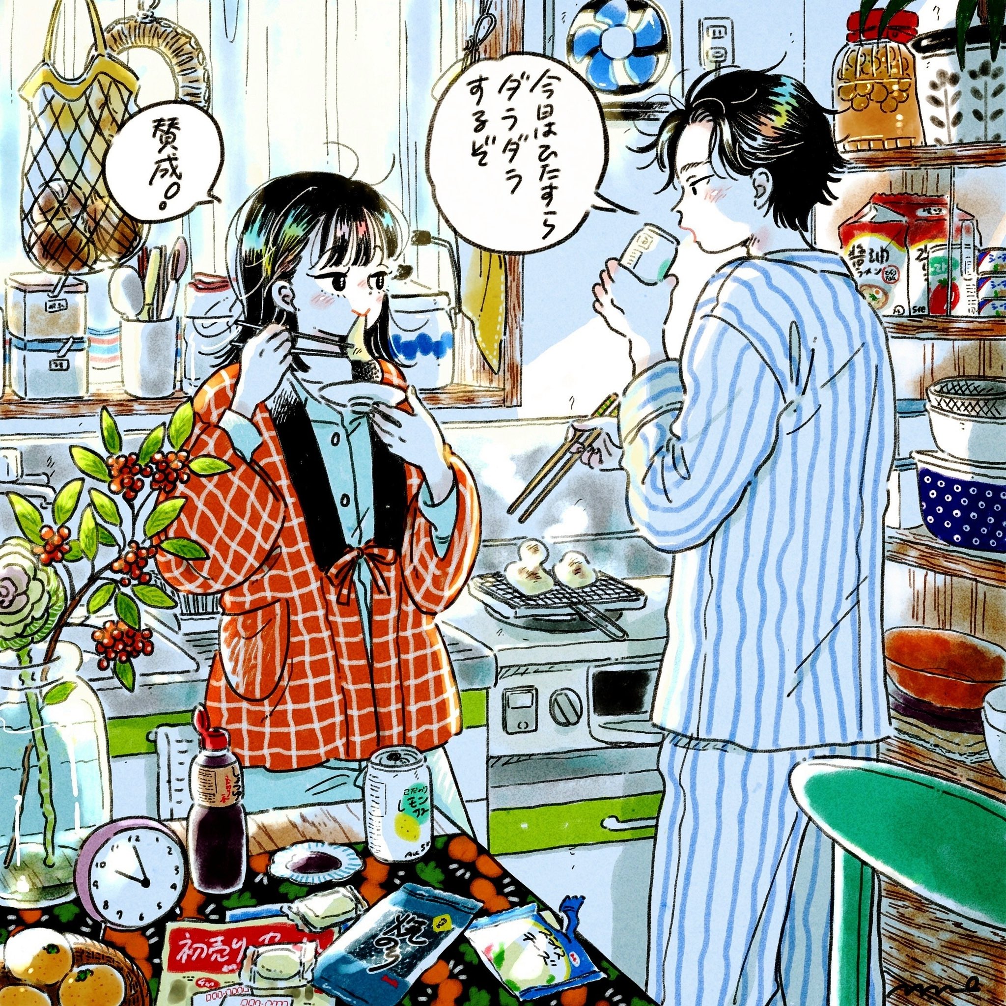 emamemamo33, original, commentary, flower request, highres, translated, 1boy, 1girl, alcohol, black eyes, black hair, blush, bowl, chopsticks, clock, colored skin, counter, curtains, drinking, eating, electrical outlet, floral print, food, fruit, hanten (clothes), holding, holding chopsticks, jacket, kitchen, long sleeves, medium hair, orange (fruit), oven, pajamas, red jacket, shelf, short hair, signature, sink, slice of life, smile, snack, soy sauce, speech bubble, stove, striped clothes, striped pajamas, talking, white skin, window