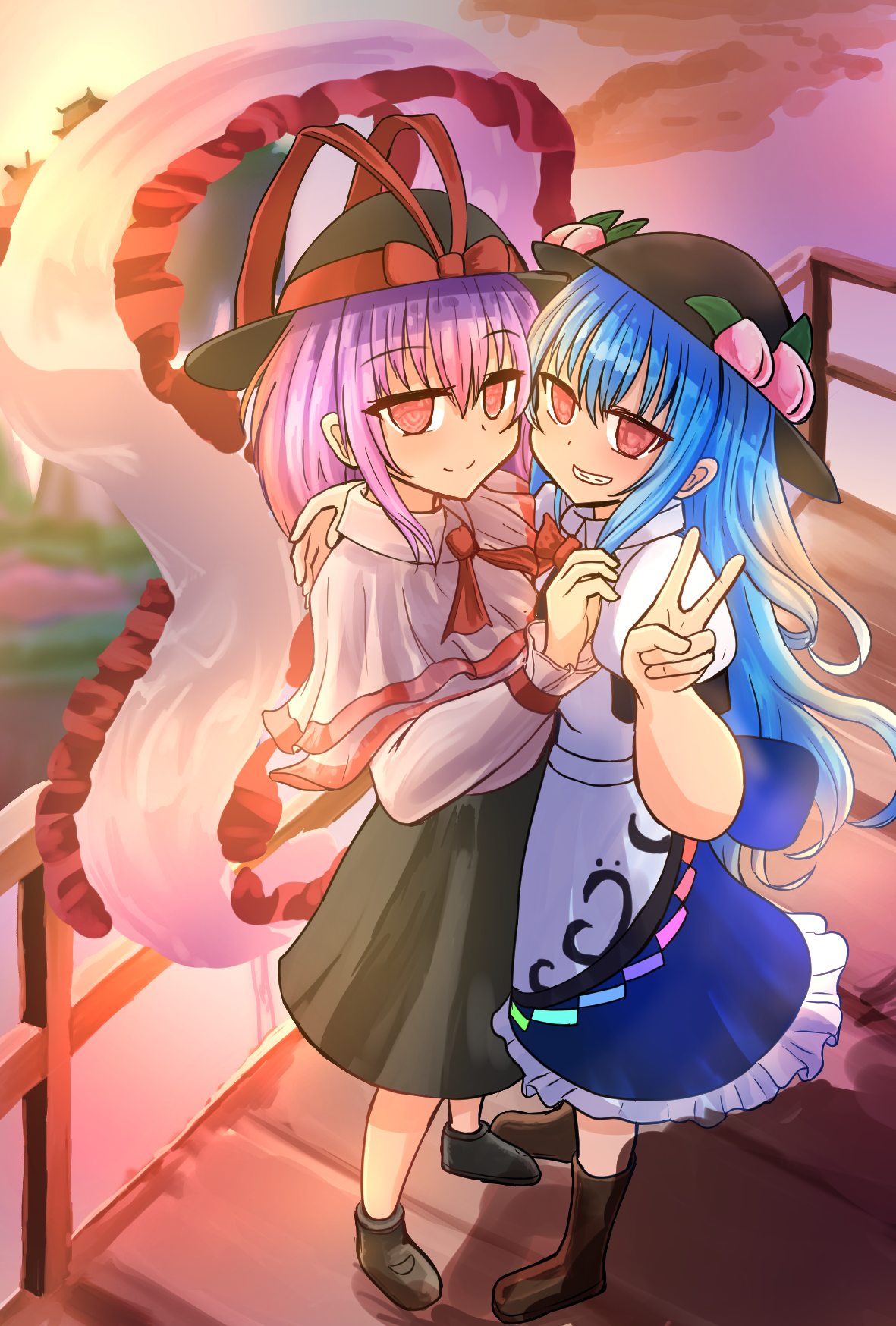 bissya314, hinanawi tenshi, nagae iku, touhou, highres, variant set, 2girls, black hat, black shoes, black skirt, blue hair, blue skirt, boots, bow, brown shoes, capelet, closed mouth, frilled shawl, frilled skirt, frills, full body, hat, hat bow, long hair, long sleeves, looking at viewer, multiple girls, outdoors, peach hat ornament, purple hair, red bow, red eyes, shawl, shirt, shoes, short hair, short sleeves, skirt, smile, standing, v, white capelet, white shirt