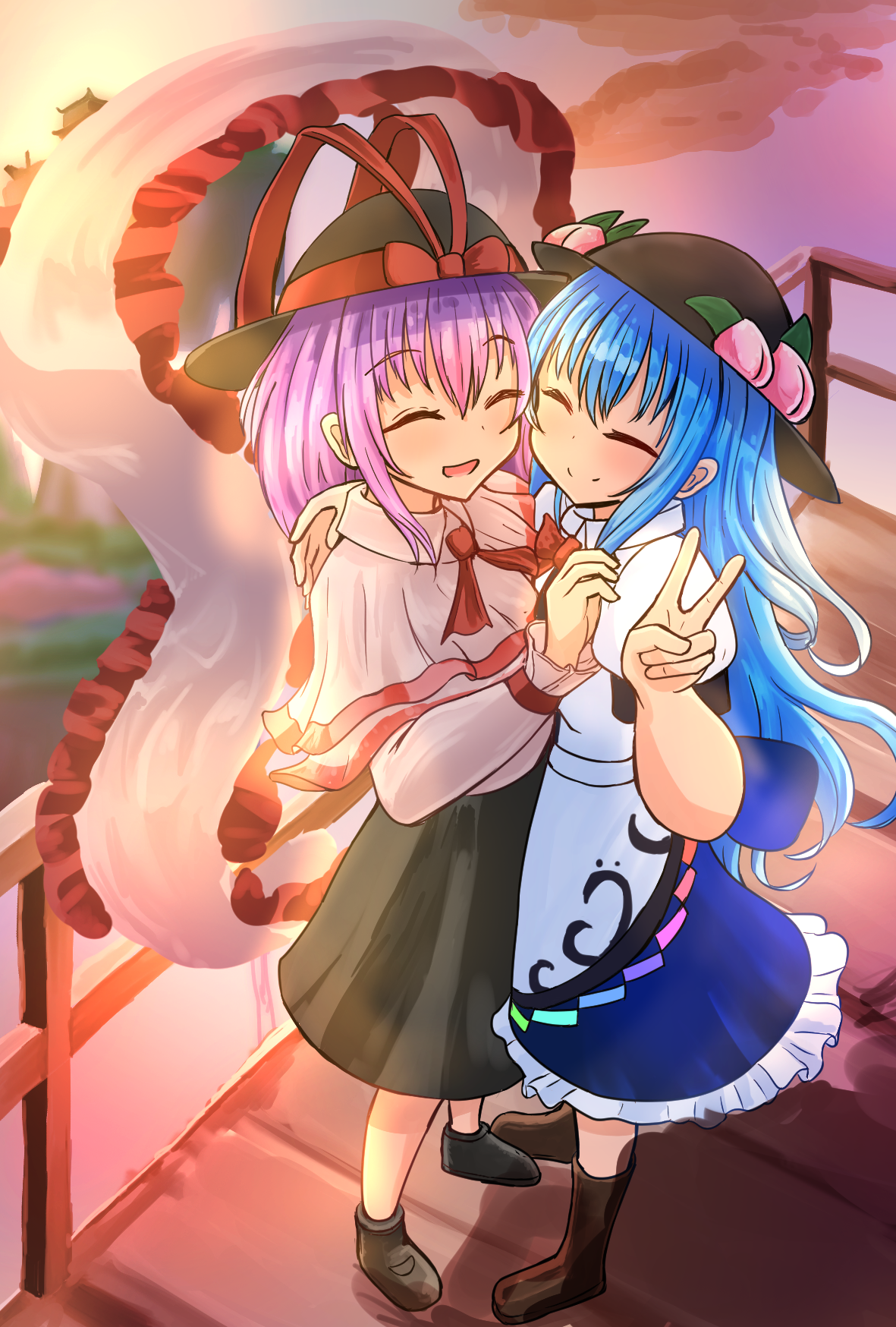 bissya314, hinanawi tenshi, nagae iku, touhou, highres, variant set, 2girls, black hat, black shoes, black skirt, blue hair, blue skirt, boots, bow, brown shoes, capelet, closed eyes, closed mouth, frilled shawl, frilled skirt, frills, full body, hat, hat bow, long hair, long sleeves, multiple girls, outdoors, peach hat ornament, purple hair, red bow, shawl, shirt, shoes, short hair, short sleeves, skirt, smile, standing, v, white capelet, white shirt