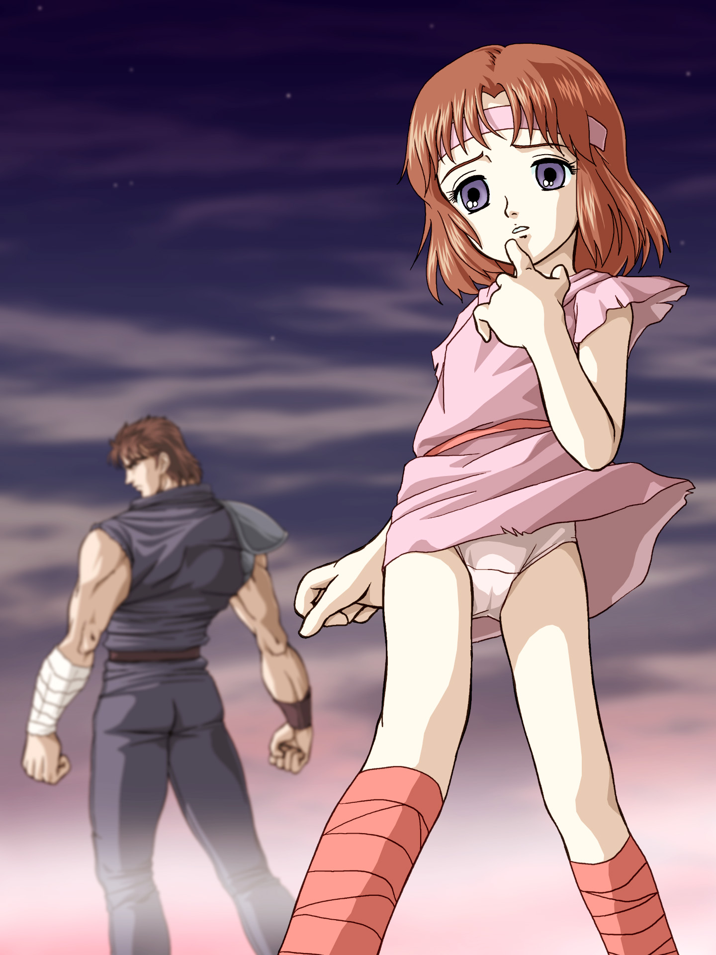 zummy, kenshiro, lin (hokuto no ken), hokuto no ken, bad id, bad pixiv id, highres, 1boy, 1girl, bandages, brown hair, cameltoe, headband, loli, panties, pantyshot, purple eyes, short hair, underwear, white panties, wind, wind lift