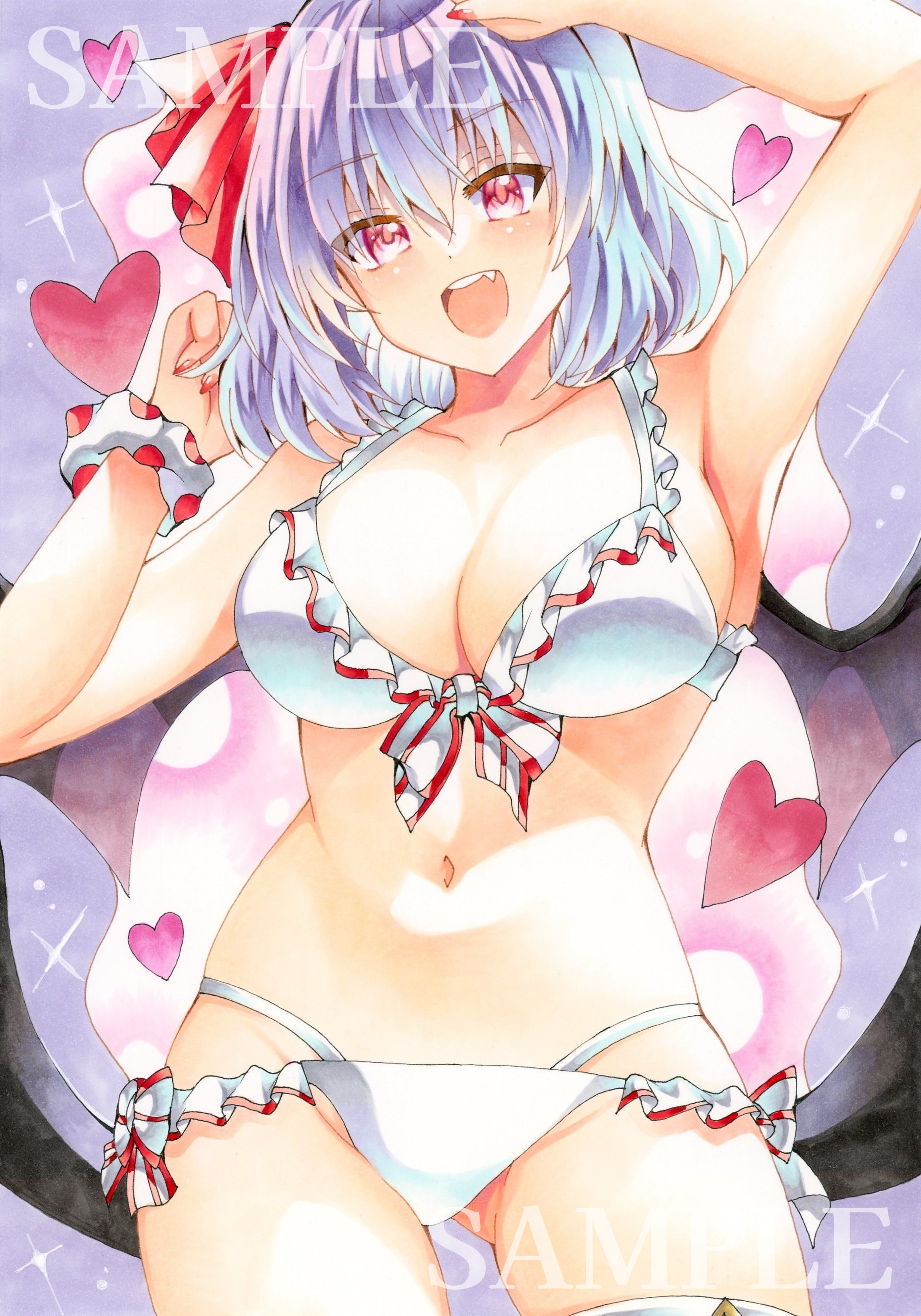 huyugiri luna, remilia scarlet, touhou, absurdres, commentary request, highres, marker (medium), traditional media, 1girl, bat wings, bikini, breasts, cleavage, cowboy shot, fang, frilled bikini, frills, hair ribbon, heart, large breasts, navel, open mouth, purple background, purple hair, red eyes, red nails, red ribbon, ribbon, sample watermark, short hair, simple background, solo, swimsuit, thighhighs, upper body, watermark, white bikini, wings