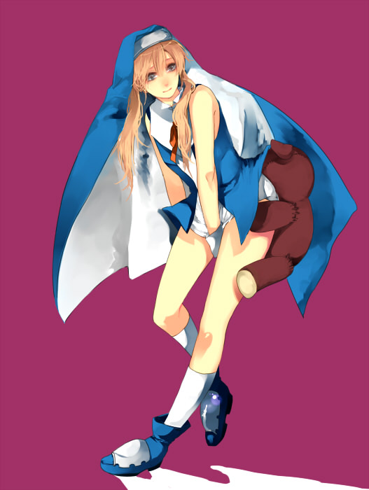 mlpn, bridget (guilty gear), roger (guilty gear), arc system works, guilty gear, guilty gear xx, habit, bad id, bad pixiv id, 1boy, blonde hair, full body, hug, long hair, male focus, nun, solo, stuffed animal, stuffed toy, teddy bear, trap