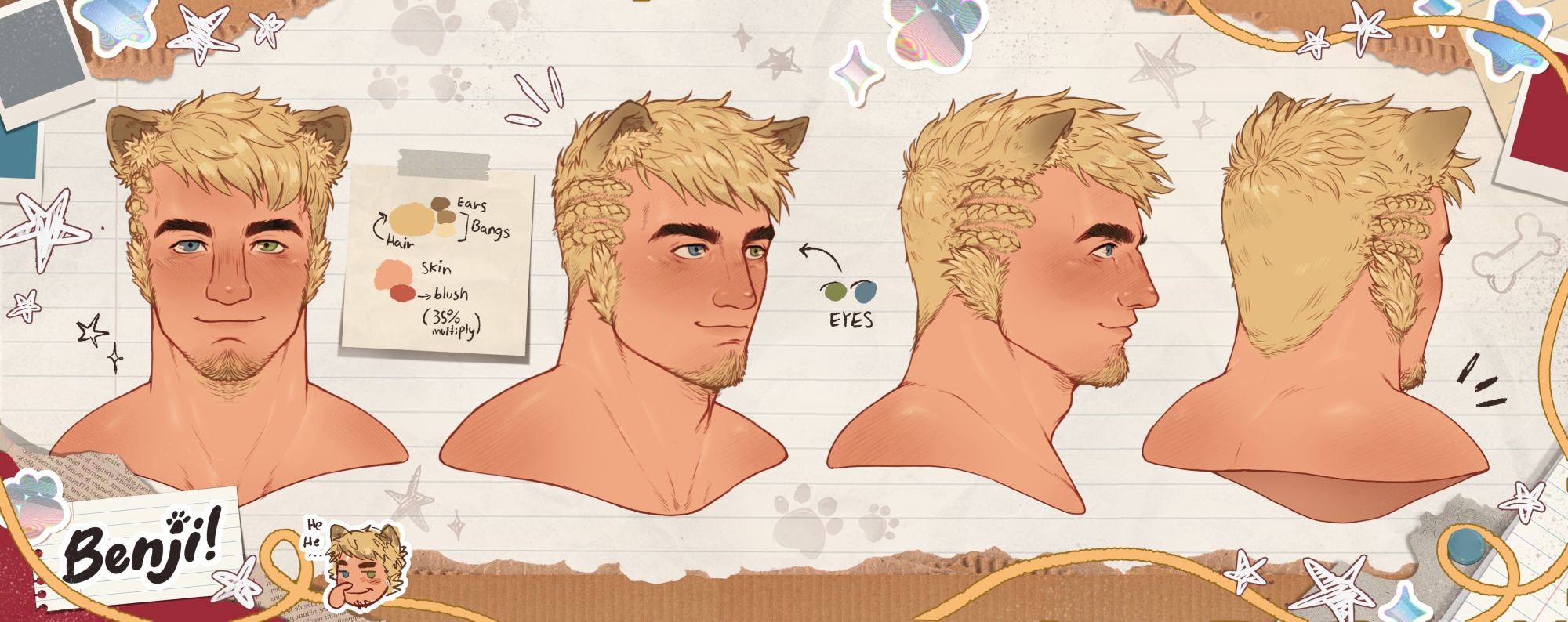 blubullaye, warrior of light (ff14), final fantasy, final fantasy xiv, highres, 1boy, animal ears, bara, blonde hair, blue eyes, borrowed character, braid, character name, color guide, dog boy, dog ears, english text, facial hair, goatee, green eyes, heterochromia, male focus, miqo'te, multiple views, reference sheet, smile, thick eyebrows