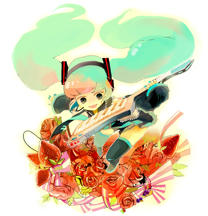 shirako mugi, hatsune miku, vocaloid, flower, food, fruit, guitar, instrument, rose, smile, solo, strawberry