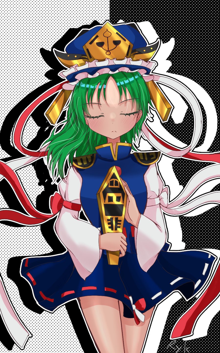 rykyukkuri, shiki eiki, touhou, highres, 1girl, asymmetrical hair, blue hat, blue skirt, blue vest, blush, closed eyes, closed mouth, epaulettes, facing viewer, frilled hat, frills, green hair, hat, holding, medium hair, polka dot, polka dot background, ribbon-trimmed skirt, ribbon trim, rod of remorse, signature, simple background, skirt, two-tone background, vest, white background