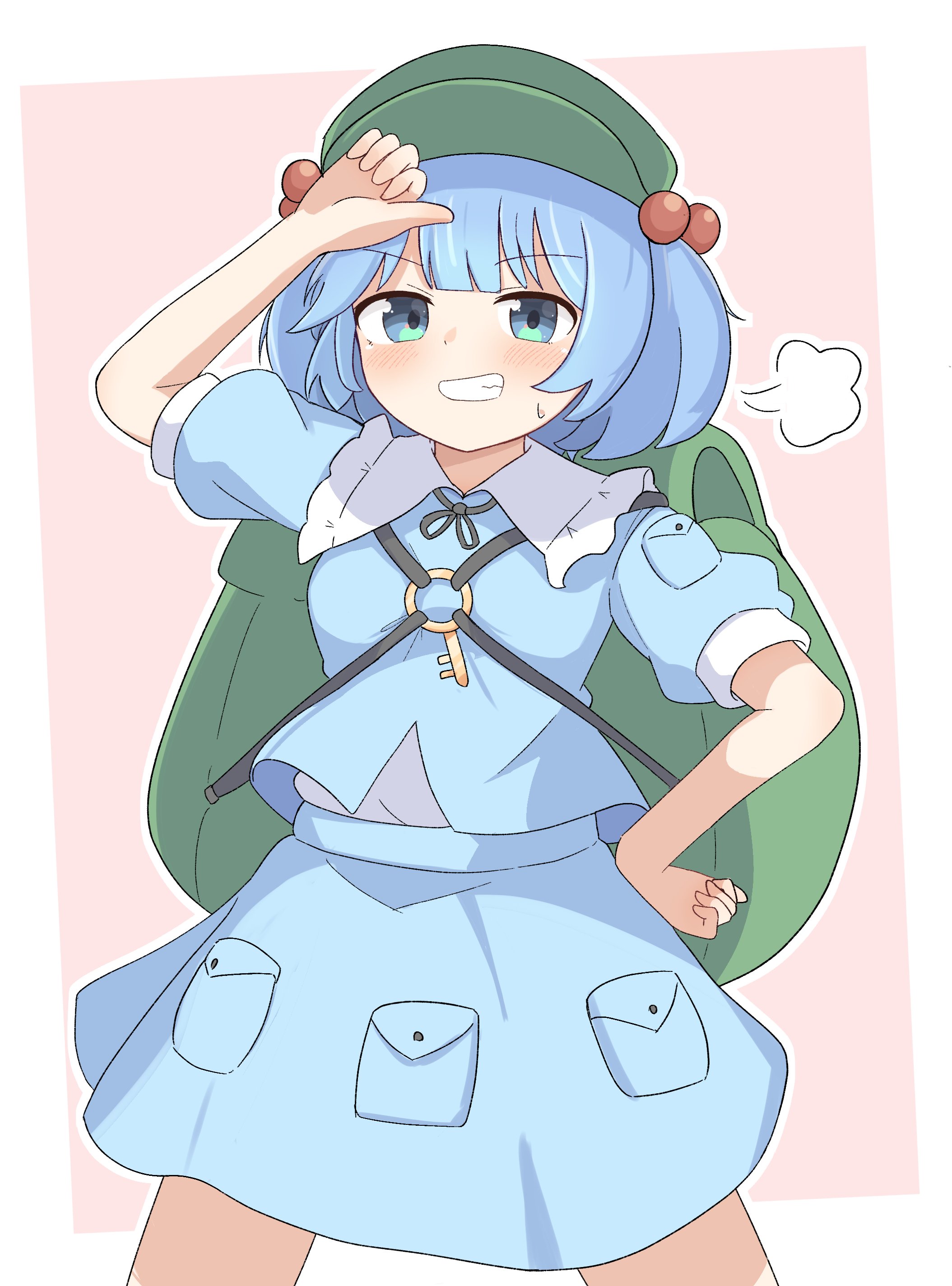 haya s2, kawashiro nitori, touhou, absurdres, commentary, highres, 1girl, aqua eyes, backpack, bag, blue hair, blue skirt, blush, border, hair bobbles, hair ornament, key, looking at viewer, pink background, pocket, puff of air, short hair, short sleeves, simple background, skirt, solo, two side up, white border