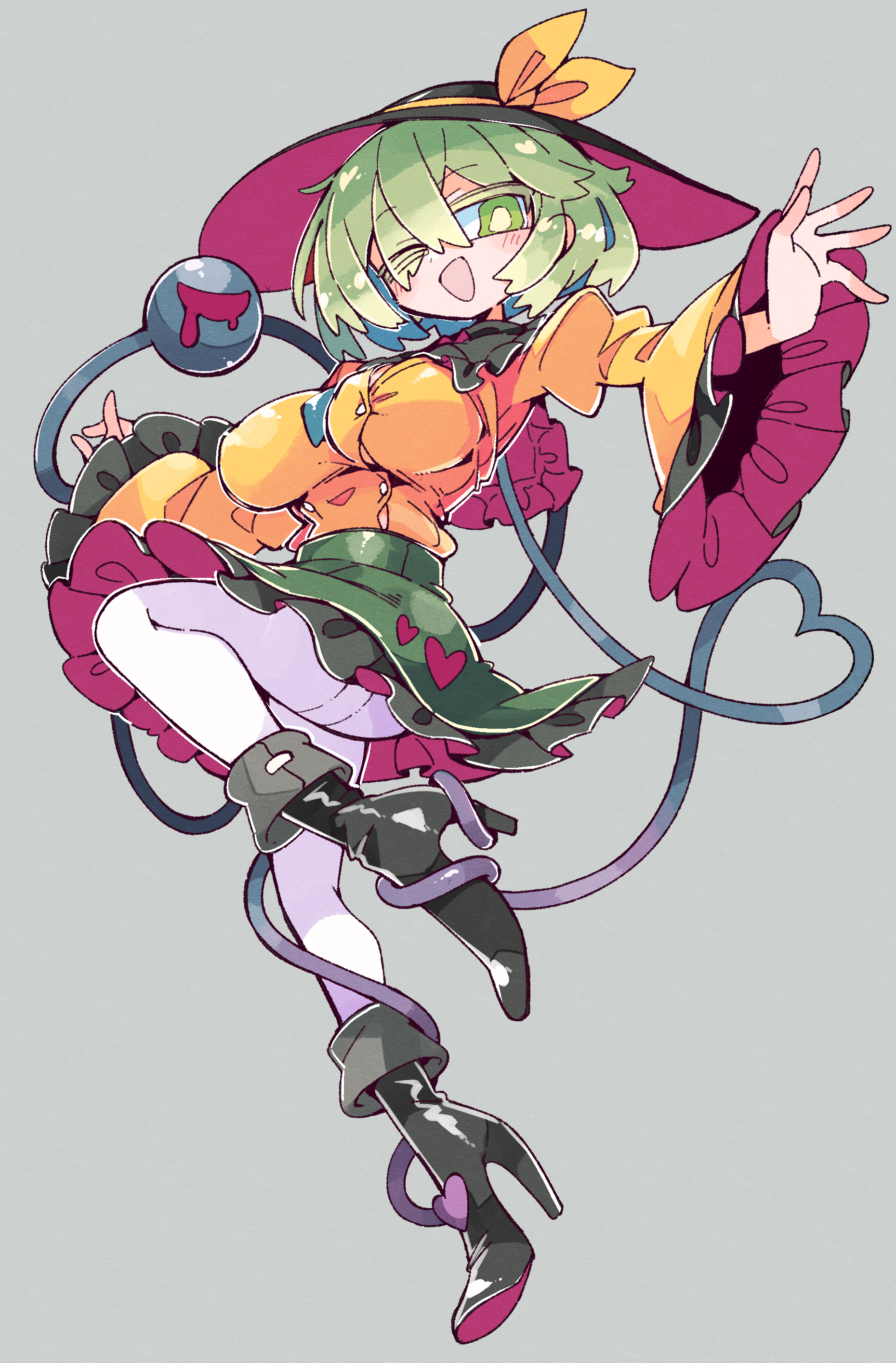 massakasama, komeiji koishi, touhou, absurdres, highres, 1girl, ;d, black boots, black hat, boots, breasts, frilled skirt, frilled sleeves, frills, full body, green skirt, grey background, hat, hat ribbon, heart, heart of string, high heel boots, high heels, large breasts, long sleeves, looking at viewer, one eye closed, open mouth, panties, ribbon, shirt, short hair, simple background, skirt, smile, solo, third eye, underwear, white panties, yellow ribbon, yellow shirt