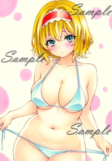 miyakooo0420, alice margatroid, touhou, commentary request, 1girl, bikini, bikini bottom pull, blonde hair, blush, breasts, cleavage, closed mouth, green eyes, hairband, looking at viewer, navel, pulling own clothes, red hairband, sample watermark, short hair, solo, swimsuit, watermark, white background, white bikini