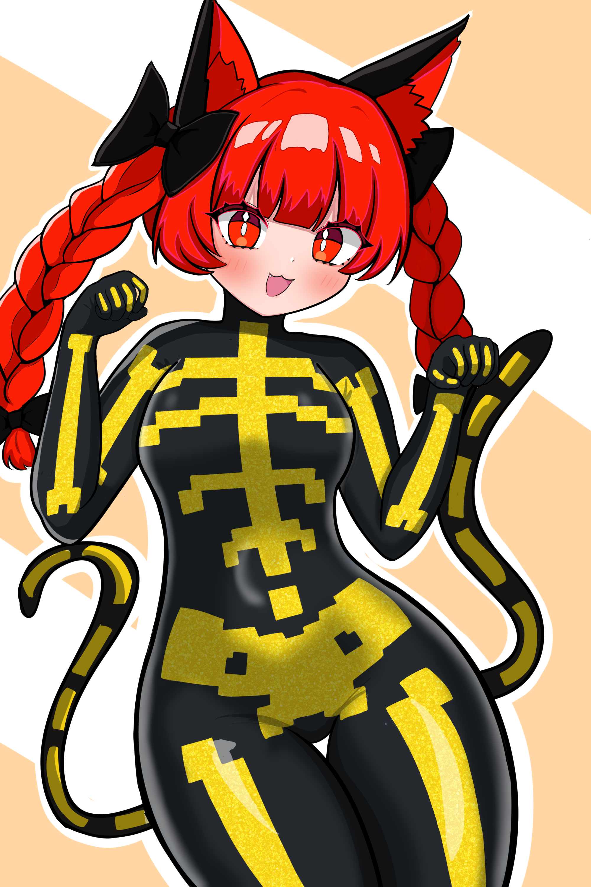 kaenbyou rin, touhou, absurdres, commentary request, commission, highres, skeb commission, 1girl, :3, :d, animal ear fluff, animal ears, black bow, blush, bow, bright pupils, cat ears, cat girl, cat tail, hair bow, halloween costume, kukurukurukuru, looking at viewer, multiple tails, open mouth, orange background, outline, paw pose, red eyes, red hair, skeleton costume, smile, solo, striped background, tail, two tails, white background, white outline, white pupils