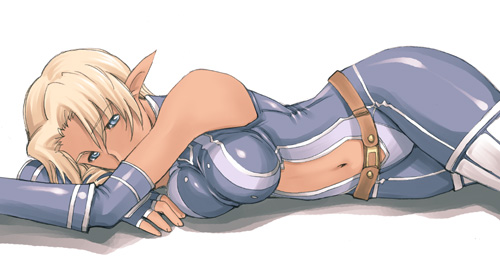 ishida masayuki, elvaan, final fantasy, final fantasy xi, lowres, 00s, 1girl, belt, blonde hair, blue eyes, breasts, dark-skinned female, dark skin, elbow gloves, elf, female focus, gloves, large breasts, lying, navel, pointy ears, solo, white background