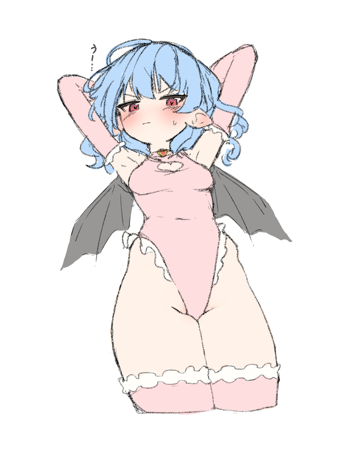 ei tantan, remilia scarlet, touhou, highres, 1girl, alternate costume, arms behind head, bat wings, blue hair, blush, closed mouth, clothing cutout, covered navel, cropped legs, elbow gloves, gloves, groin, heart cutout, highleg, highleg leotard, leotard, medium hair, pink leotard, pointy ears, red eyes, simple background, solo, v-shaped eyebrows, white background, wings