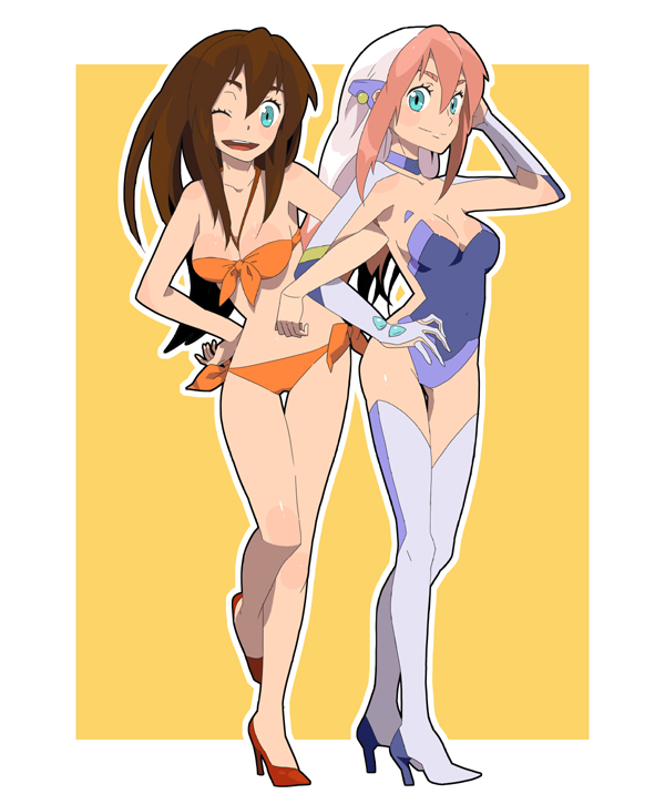 ukke, arita shion, birdy cephon altera, tetsuwan birdy, tetsuwan birdy decode, 00s, 2girls, aqua eyes, bikini, breasts, brown hair, dual persona, hanging breasts, high heels, legs, leotard, long hair, medium breasts, multiple girls, one eye closed, outside border, shoes, swimsuit, thighhighs, wink