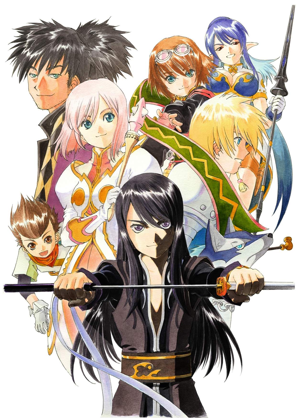 fujishima kousuke, estellise sidos heurassein, flynn scifo, judith (tales), karol capel, raven (tales), repede (tales), rita mordio, yuri lowell, tales of (series), tales of vesperia, highres, official art, 00s, 3boys, 3girls, black hair, blonde hair, blue eyes, brown eyes, brown hair, dog, gloves, goggles, green eyes, kiseru, multiple boys, multiple girls, pink hair, pointy ears, polearm, purple eyes, sheath, smile, smoking pipe, spear, sword, unsheathing, weapon
