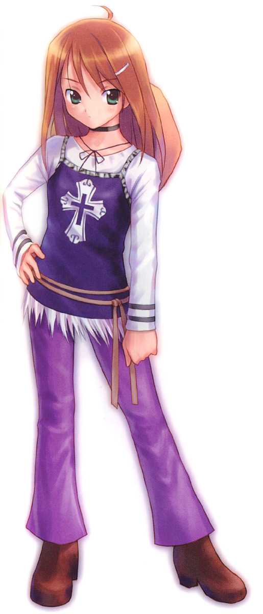 goto p, highres, ahoge, boots, brown hair, casual, choker, cross, green eyes, hand on own hip, hat, hip focus, latin cross, long hair, simple background, solo